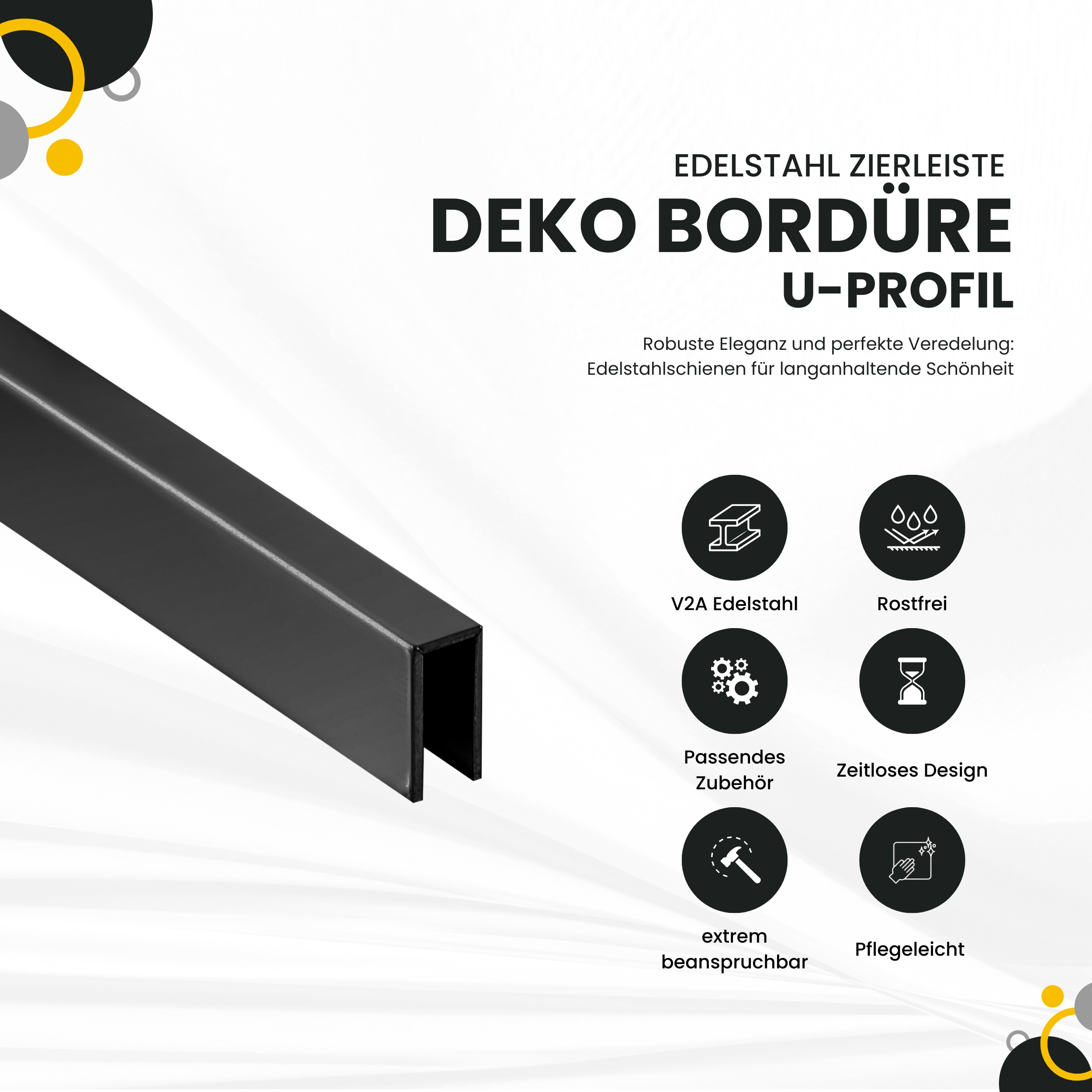Deko Bordüre U-Profil Zierleiste Fliesenschiene Edelstahl V2A L250cm 3mm schwarz glänzend