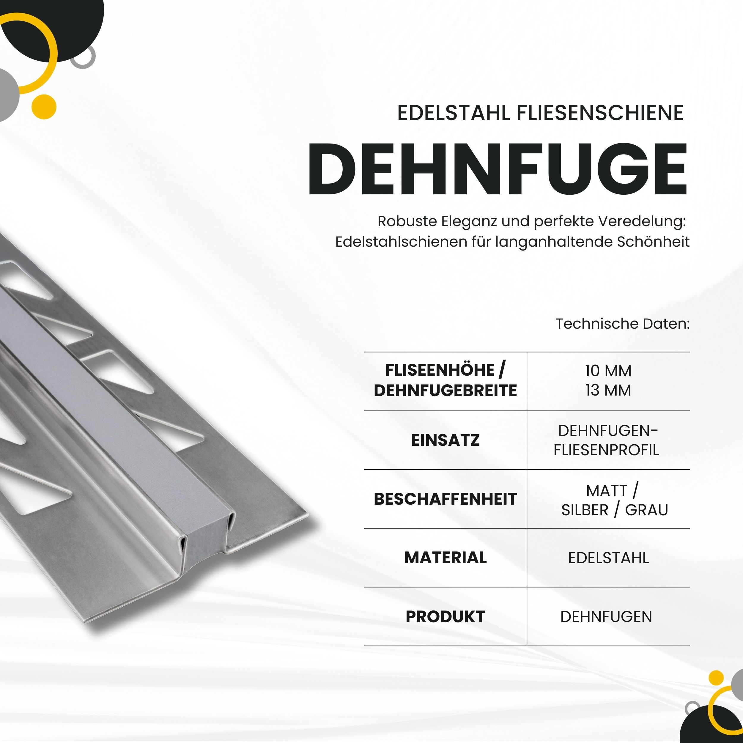 Dehnfugen Edelstahl Fliesenschiene Fliesenprofil silber matt L250cm 10mm