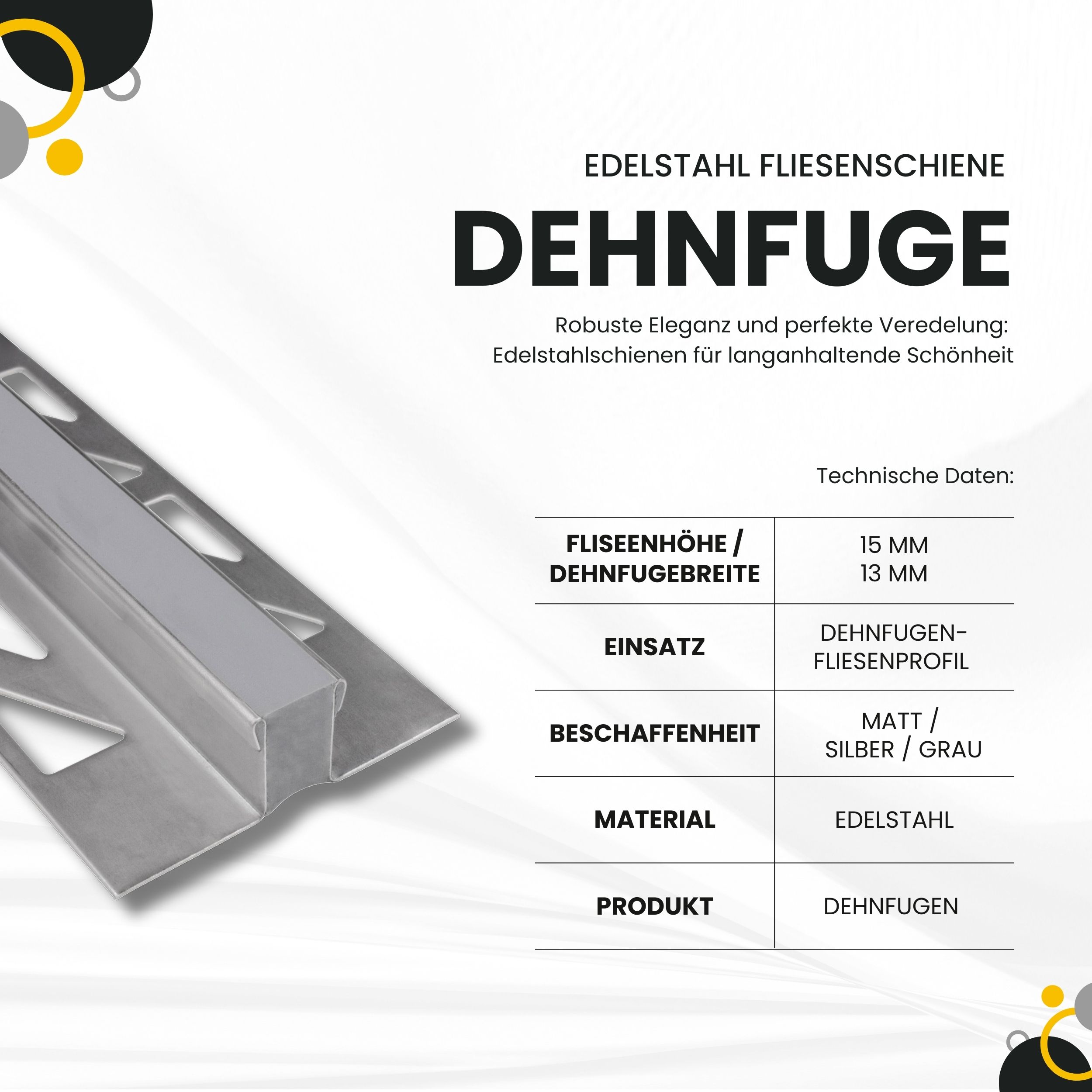 Dehnfugen Edelstahl Fliesenschiene Fliesenprofil silber matt L250cm 15mm Dehnfugen Edelstahl Fliesenschiene Fliesenprofil silber matt L250cm 15mm