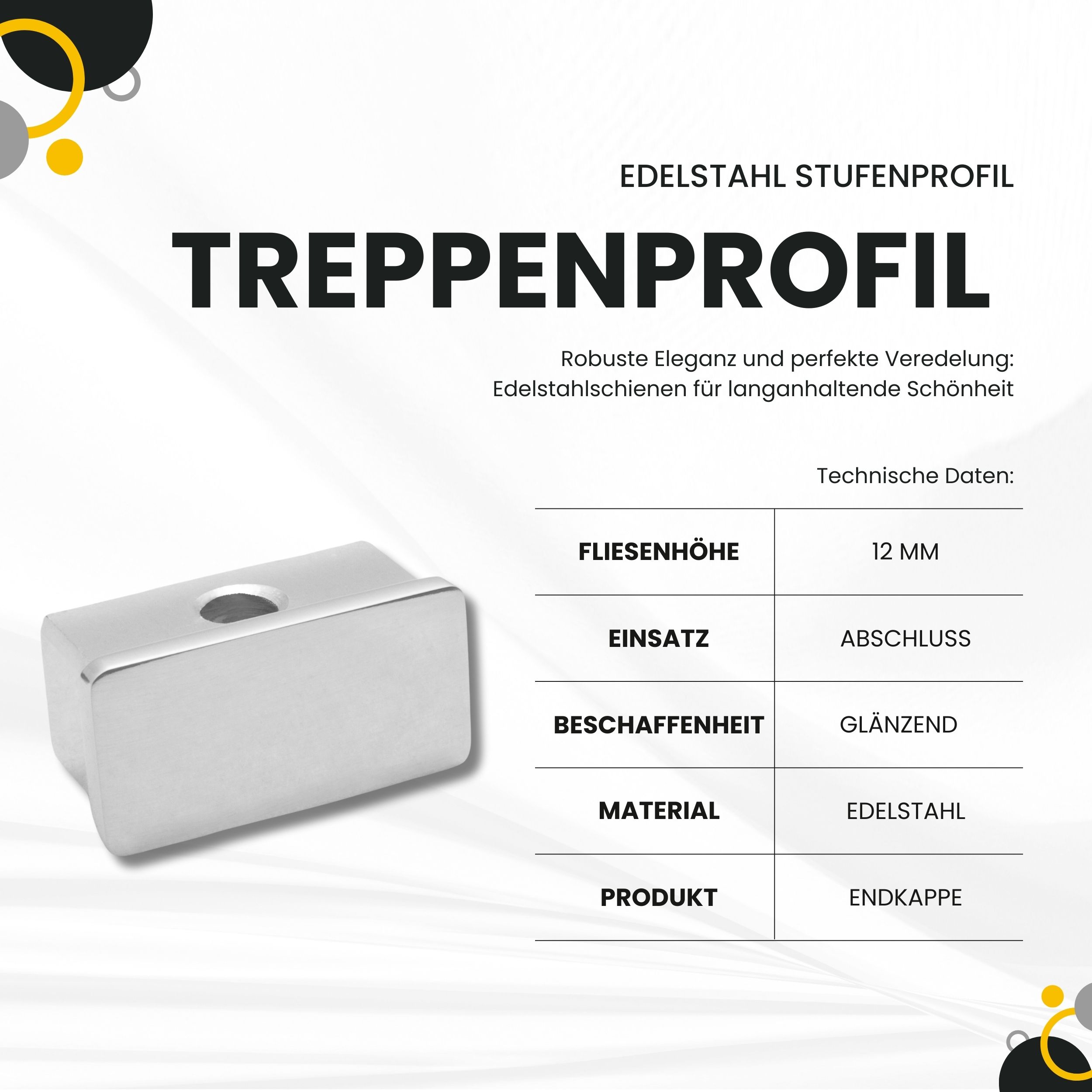 Edelstahl Stufenprofil Fliesenleiste Treppen H12mm Endkappe glänzend