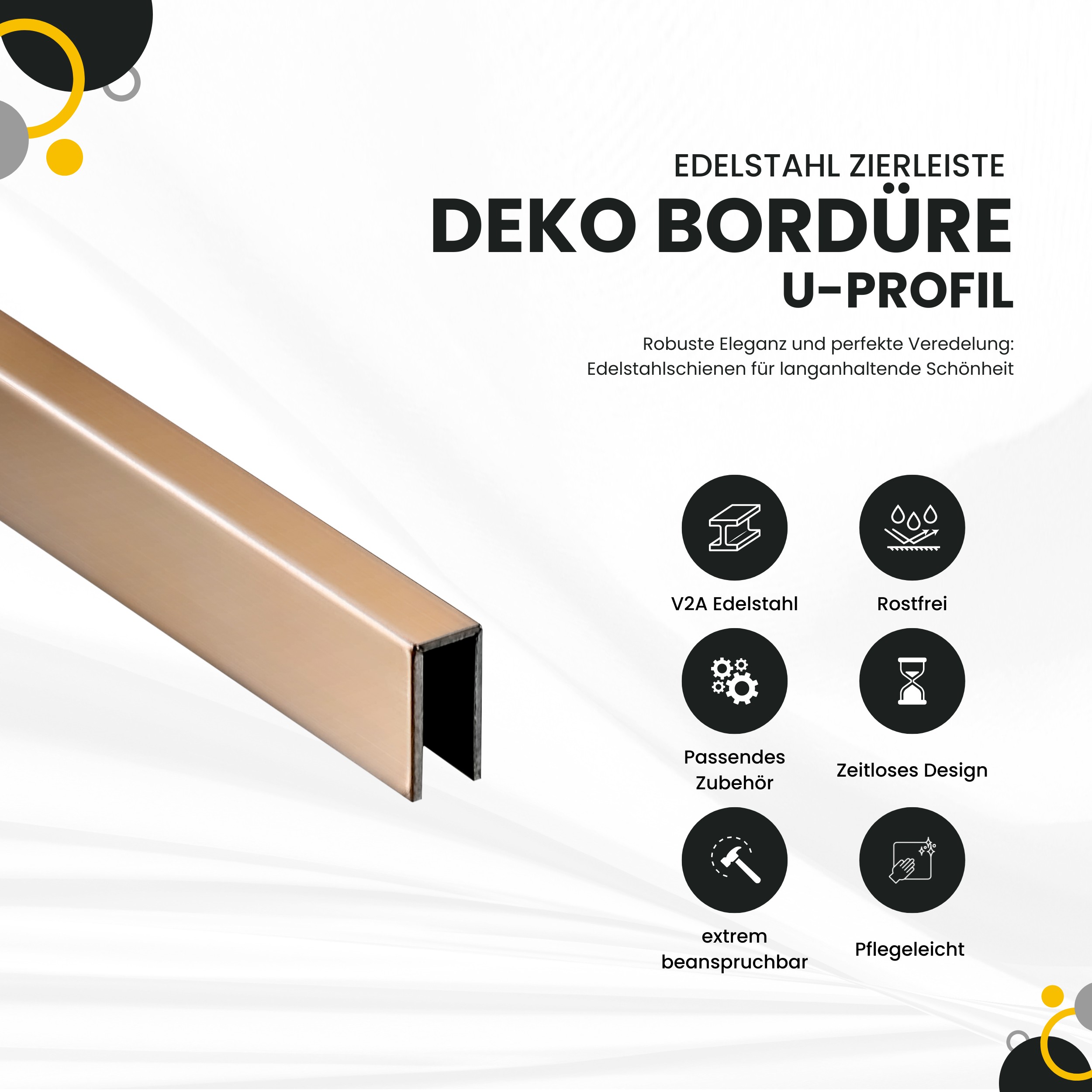 Deko Bordüre U-Profil Zierleiste Fliesenschiene Edelstahl V2A L250cm 3mm rose glänzend