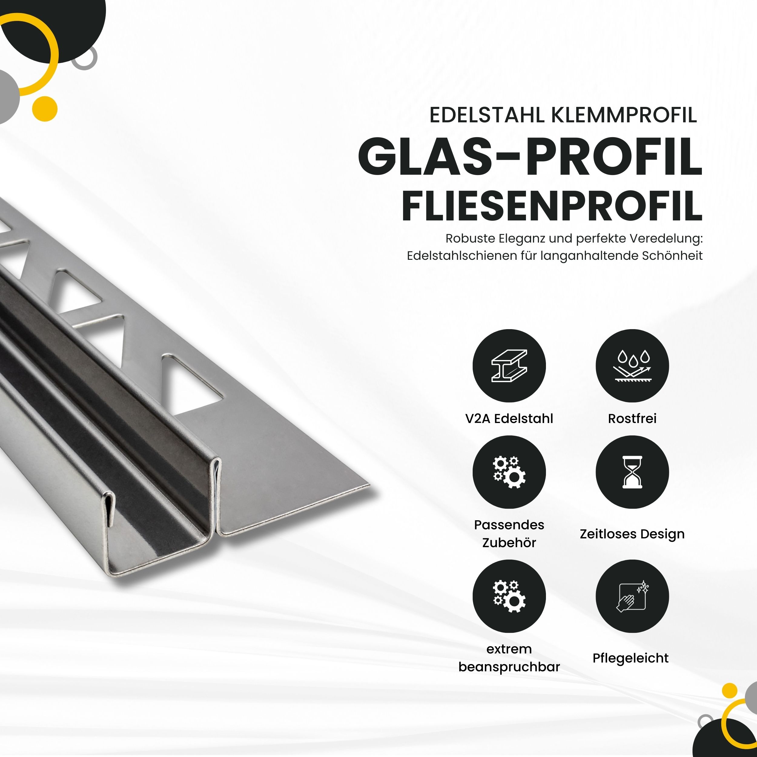 Glas-Fliesenprofil Edelstahl Klemmprofil Wandprofil V2A 2m H12.5mm 13mm-Glas glänzend
