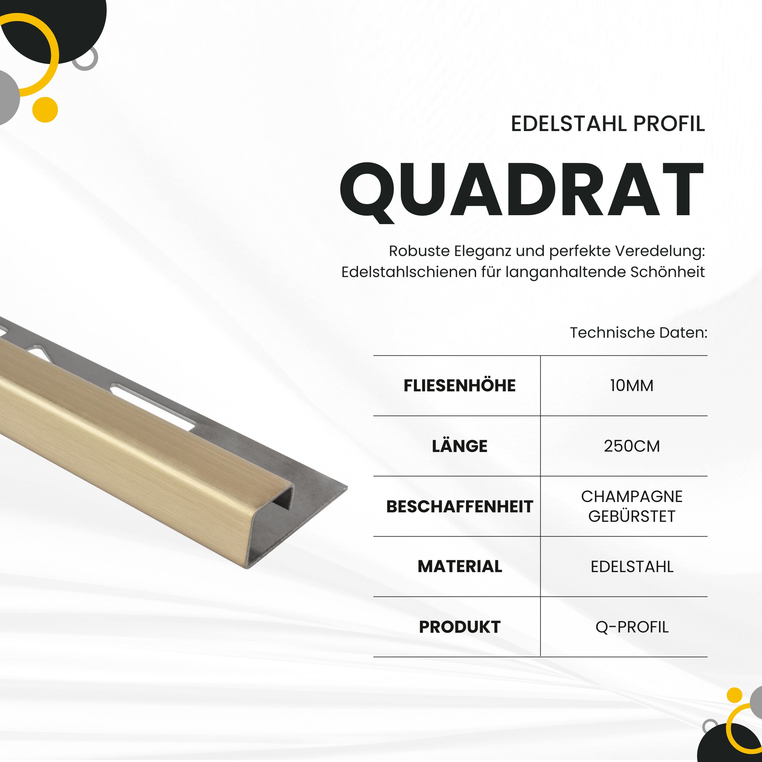 Quadrat Fliesenprofil Edelstahl V2A L250cm H10 champagne gebürstet
