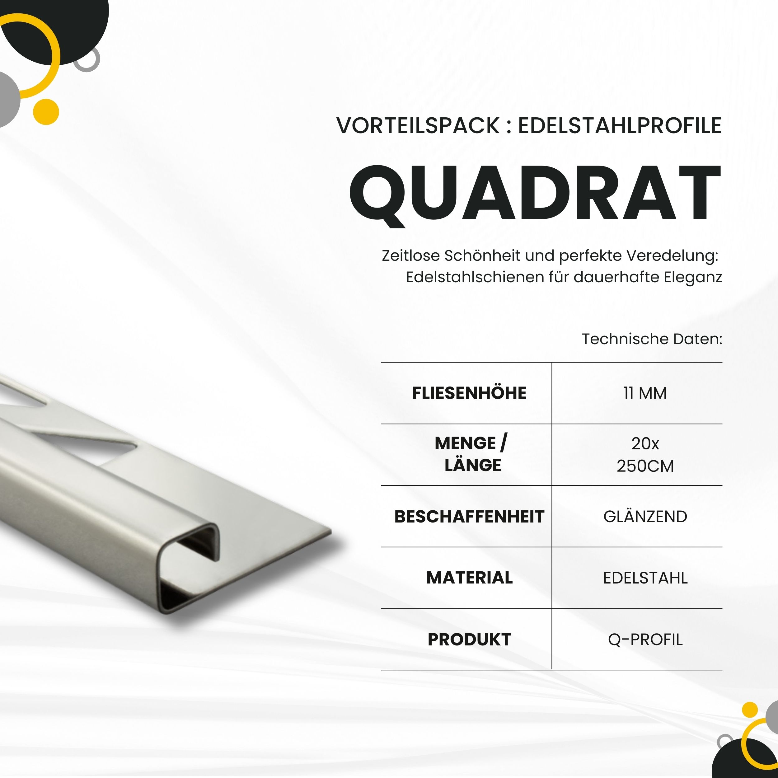 20x Quadrat Edelstahlschiene Fliesenprofil Fliesenschiene L250cm 11mm glänzend 20x Quadrat Edelstahlschiene Fliesenprofil Fliesenschiene L250cm 11mm glänzend
