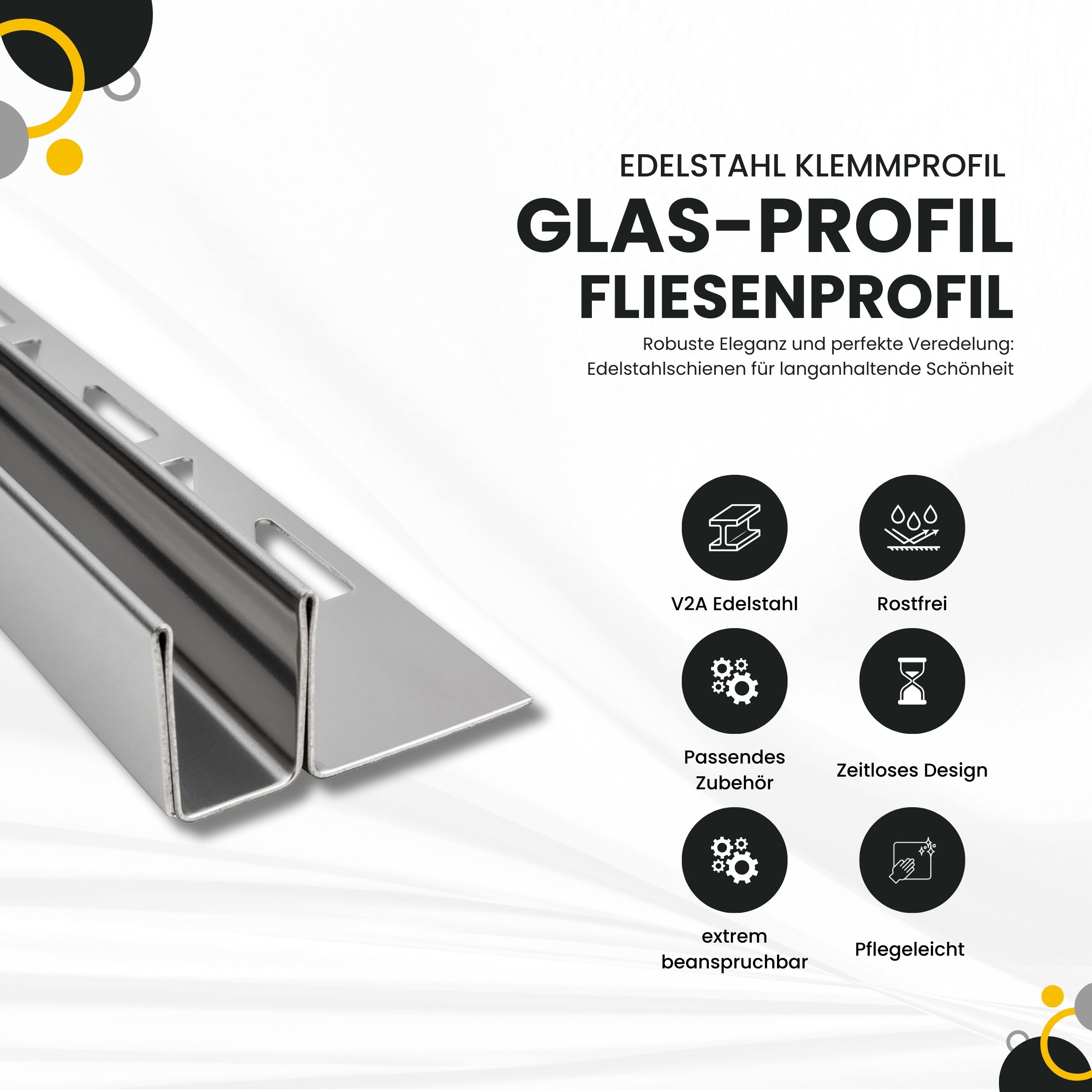 Glas-Fliesenprofil Edelstahl Klemmprofil Wandprofil V2A 2m H19mm 11mm-Glas glänzend