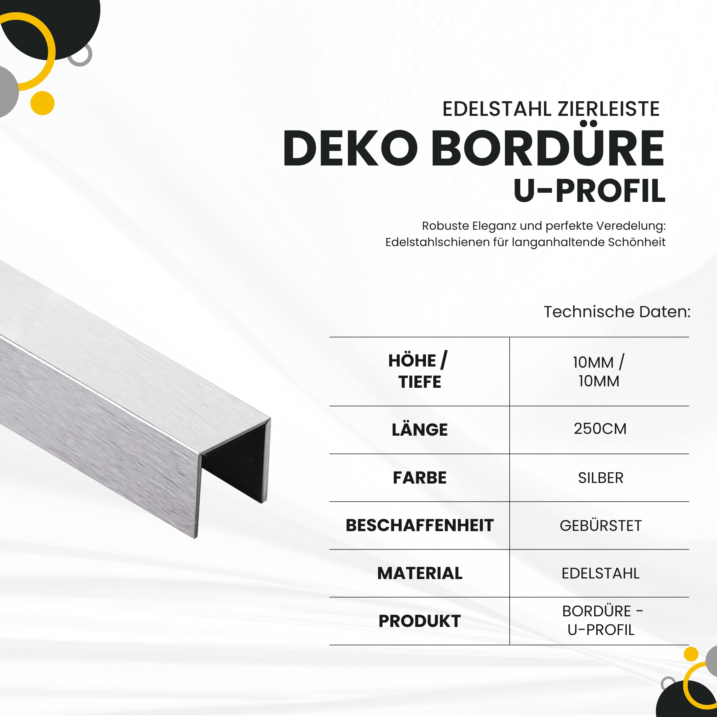 Deko Bordüre U-Profil Zierleiste Fliesenschiene Edelstahl V2A L250cm 10mm silber gebürstet Deko Bordüre U-Profil Zierleiste Fliesenschiene Edelstahl V2A L250cm 10mm silber gebürstet