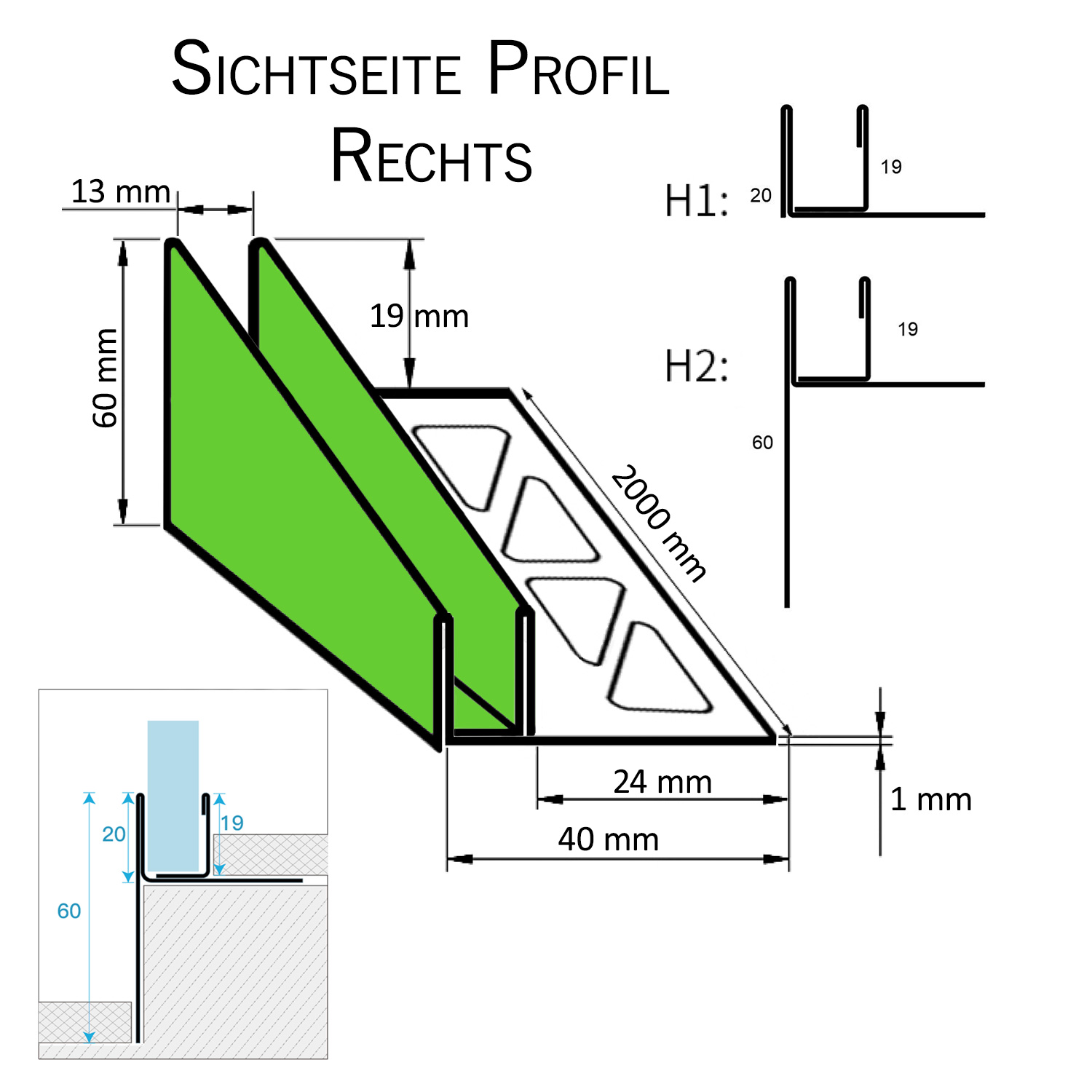 Glashalter- Duschprofil, Keil- Gefälle-Profil begehbare Dusche H19 G13 Rechts 200cm gebürstet Glashalter- Duschprofil, Keil- Gefälle-Profil begehbare Dusche H19 G13 Rechts 200cm glänzend
