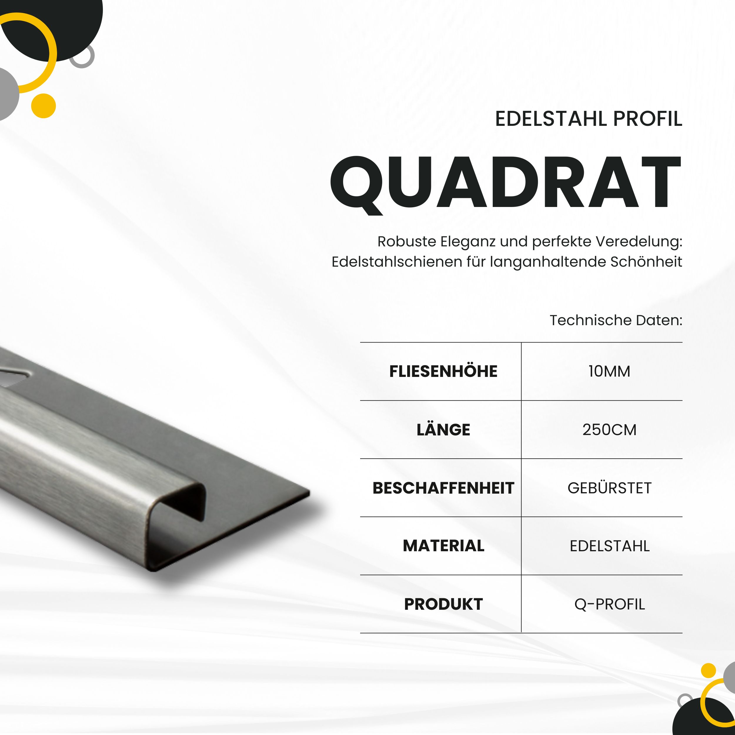 Quadrat Edelstahlschiene Profil Fliesenschiene Edelstahl V2A 2,5m 10mm gebürstet