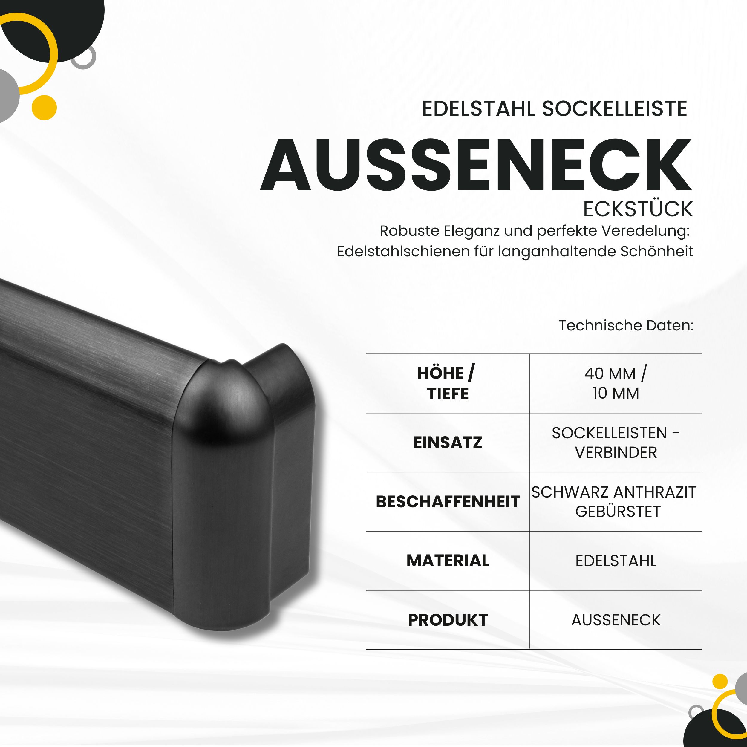 Sockelleiste Edelstahl Fußbodenleisten V2A L250cm 40mm schwarz anthrazit gebürstet Ausseneck