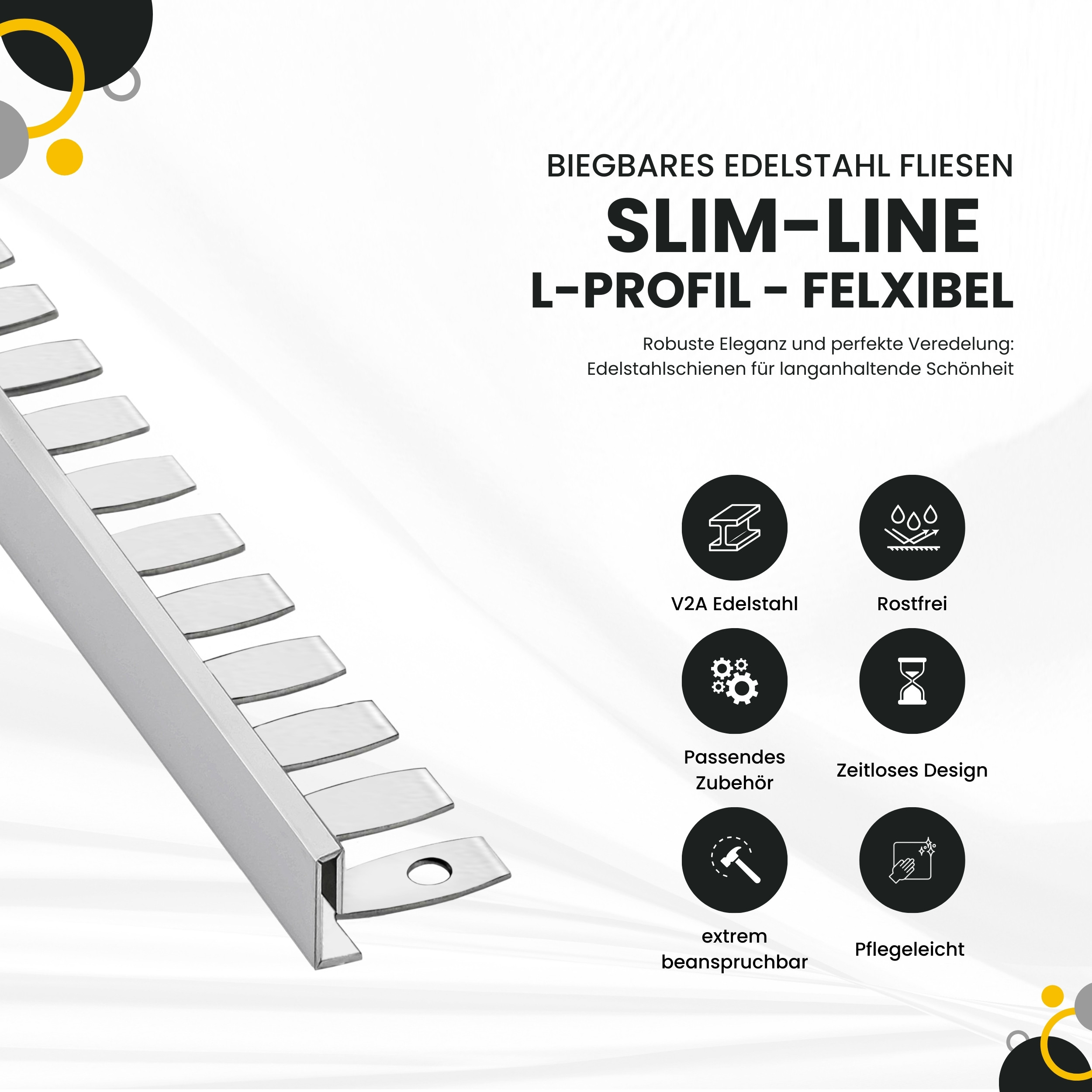 Slim-Line flexibel biegbar L-Profil Edelstahl Fliesenschiene V2A, 250cm, H10mm silber glänzend