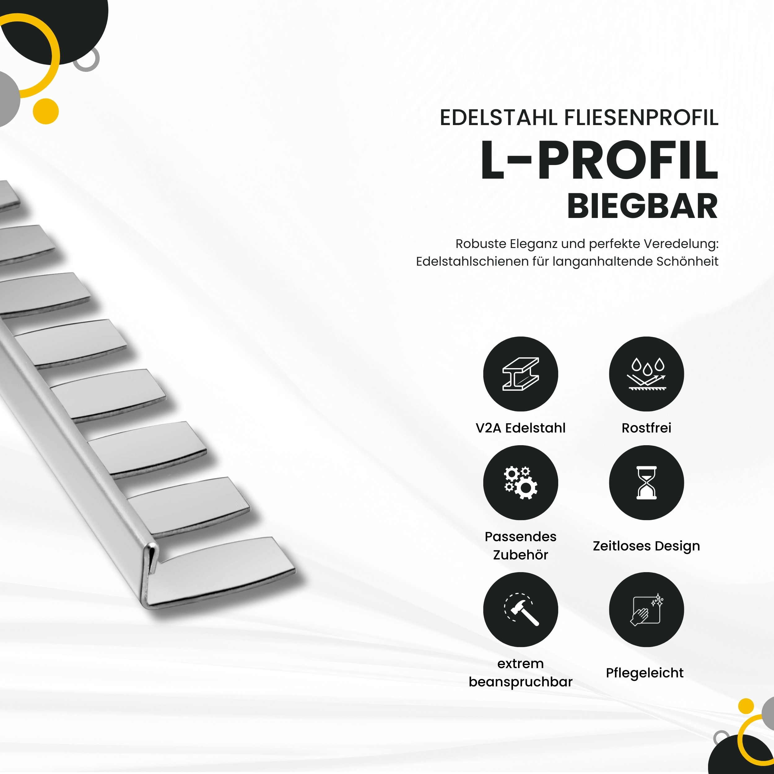 L-Profil flexibel biegbar Edelstahl Fliesenschiene V2A, 250cm, H10mm, silber glänzend
