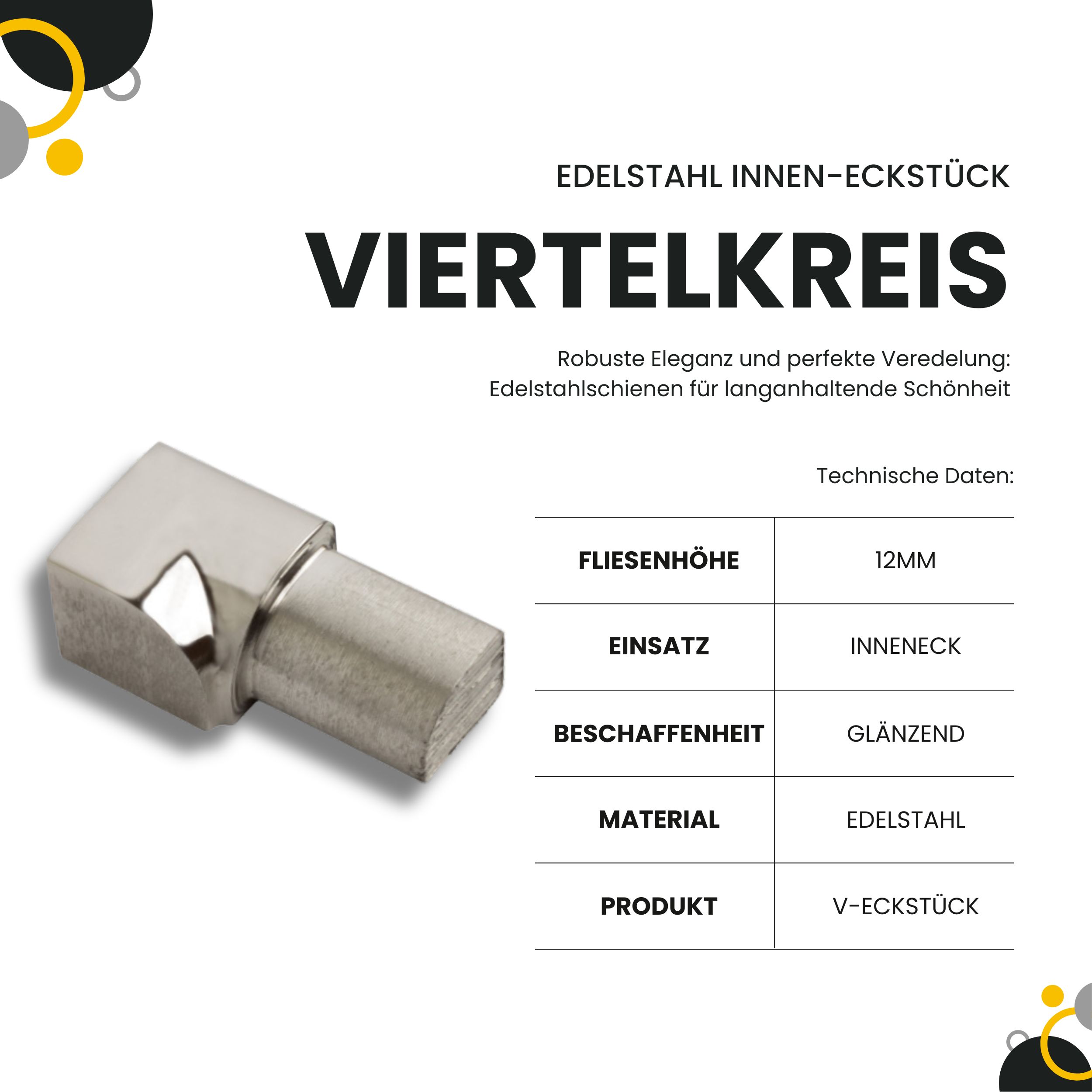 Viertelkreis Inneneck Vollmaterial Edelstahl V2A 12mm glänzend