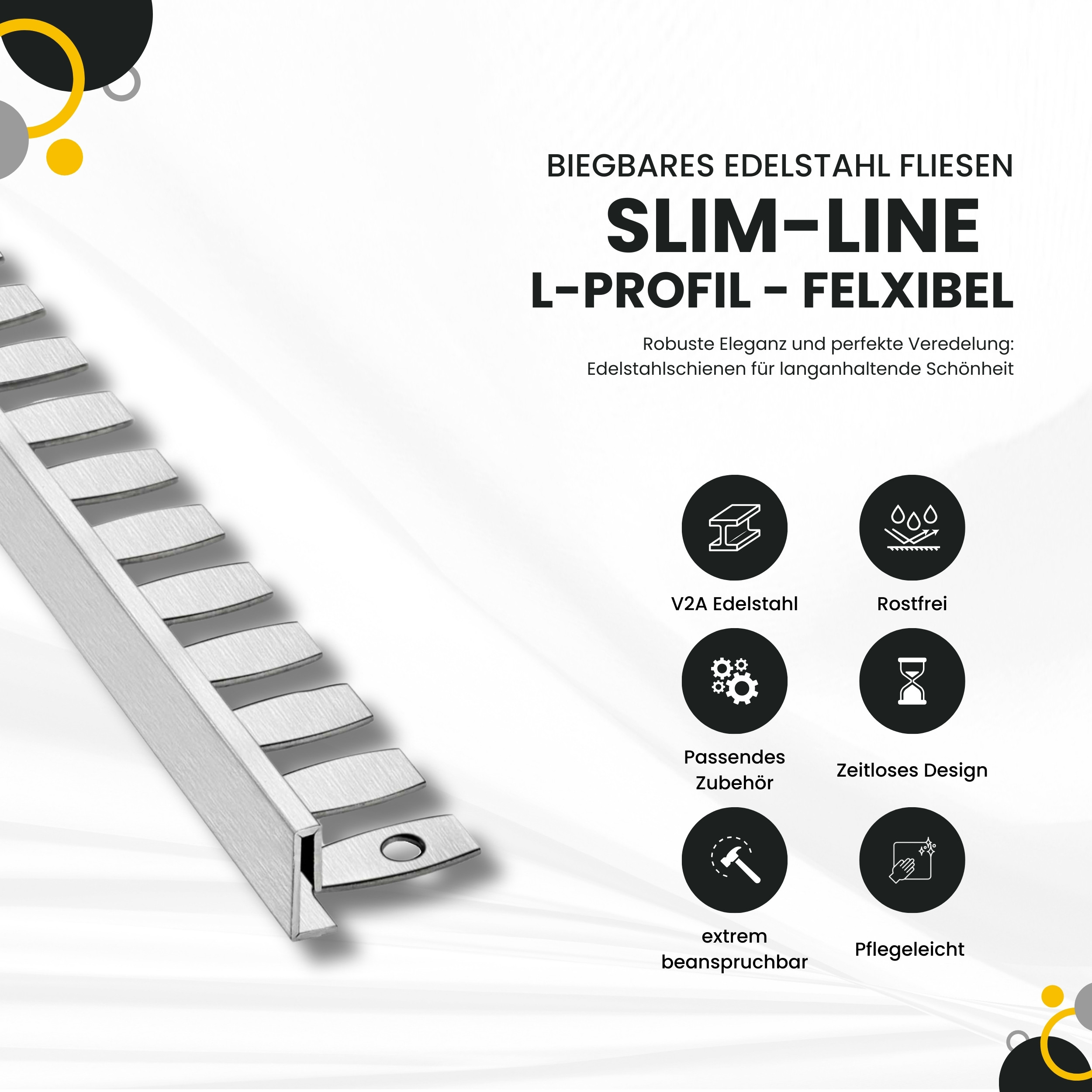 Slim-Line flexibel biegbar L-Profil Edelstahl Fliesenschiene V2A, 250cm, H10mm silber gebürstet