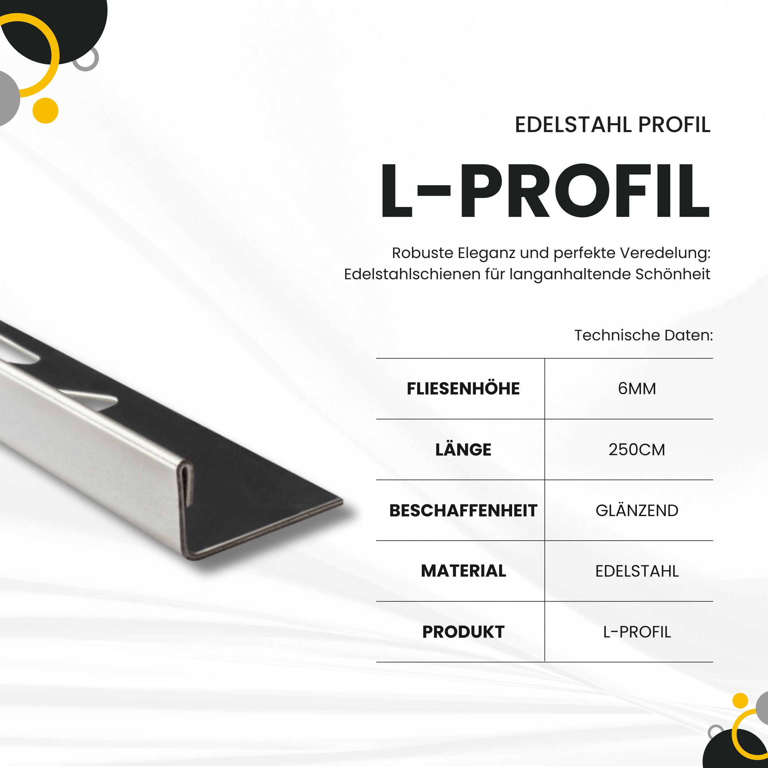L-Profil Edelstahlschiene Profil Fliesenschiene Edelstahl V2A L250cm 4,5mm glänzend