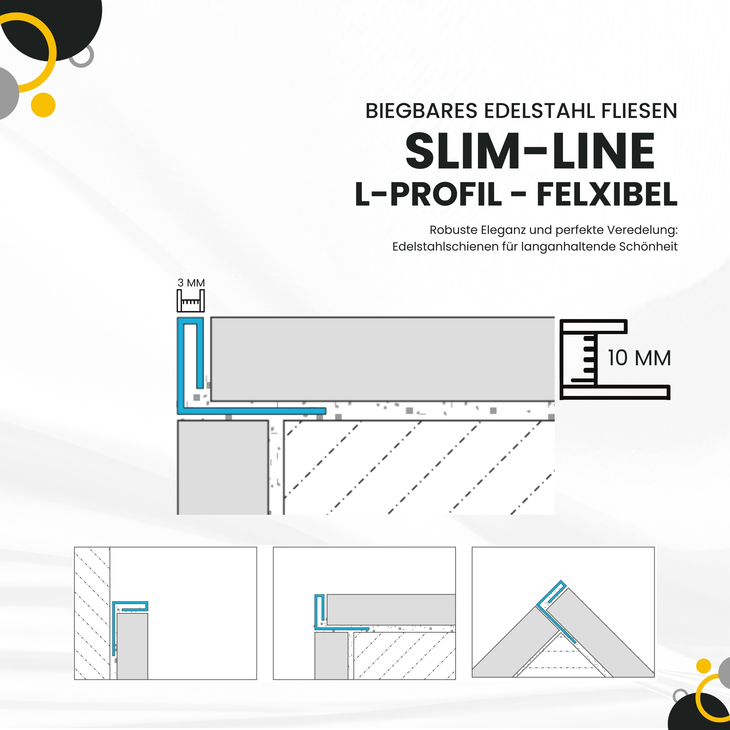 Slim-Line flexibel biegbar L-Profil Edelstahl Fliesenschiene V2A, 250cm, H10mm silber gebürstet Slim-Line flexibel biegbar L-Profil Edelstahl Fliesenschiene V2A, 250cm, H10mm silber glänzend