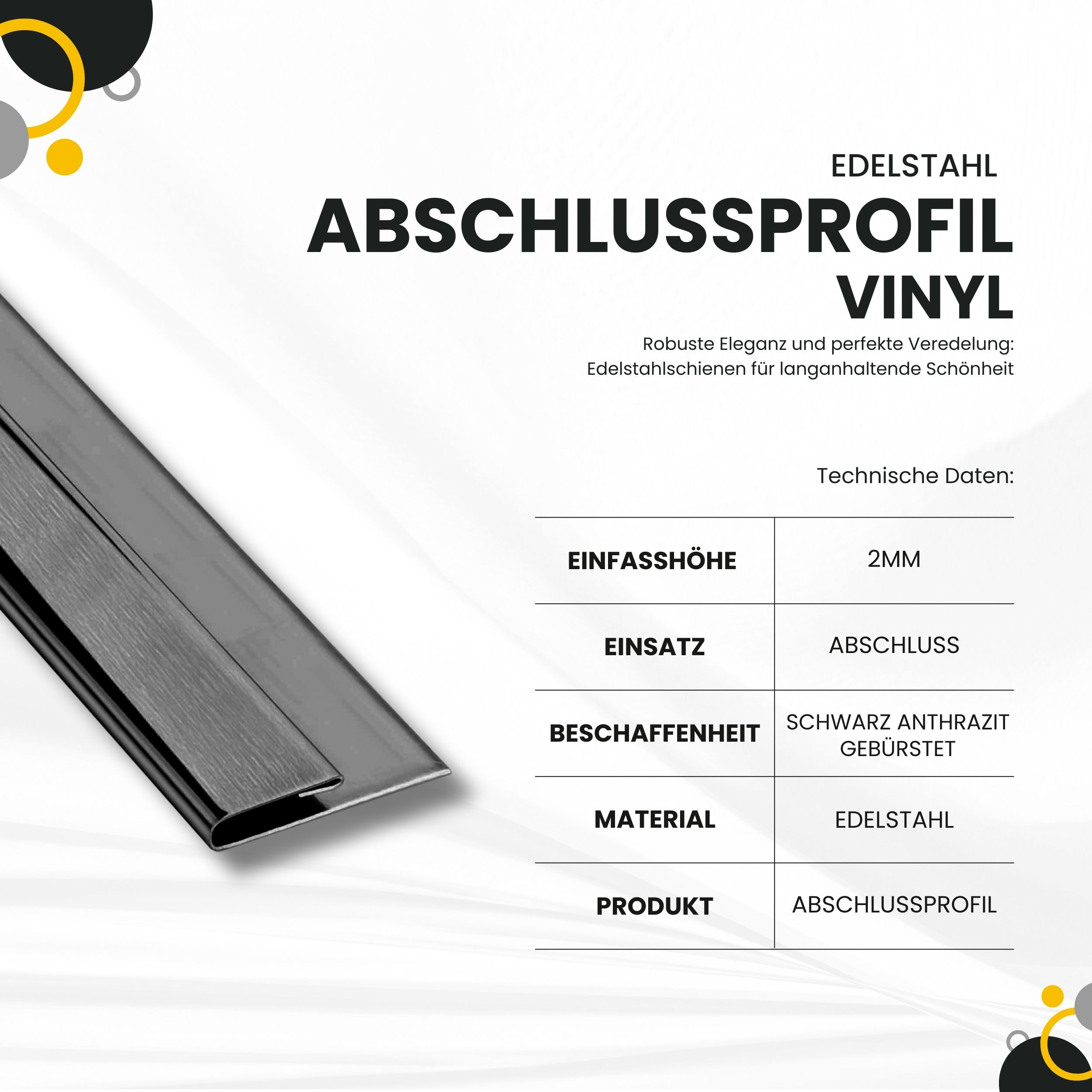 Vinyl Abschluss- / Einfassprofil Edelstahl V2A L250cm H2mm, schwarz anthrazit gebürstet