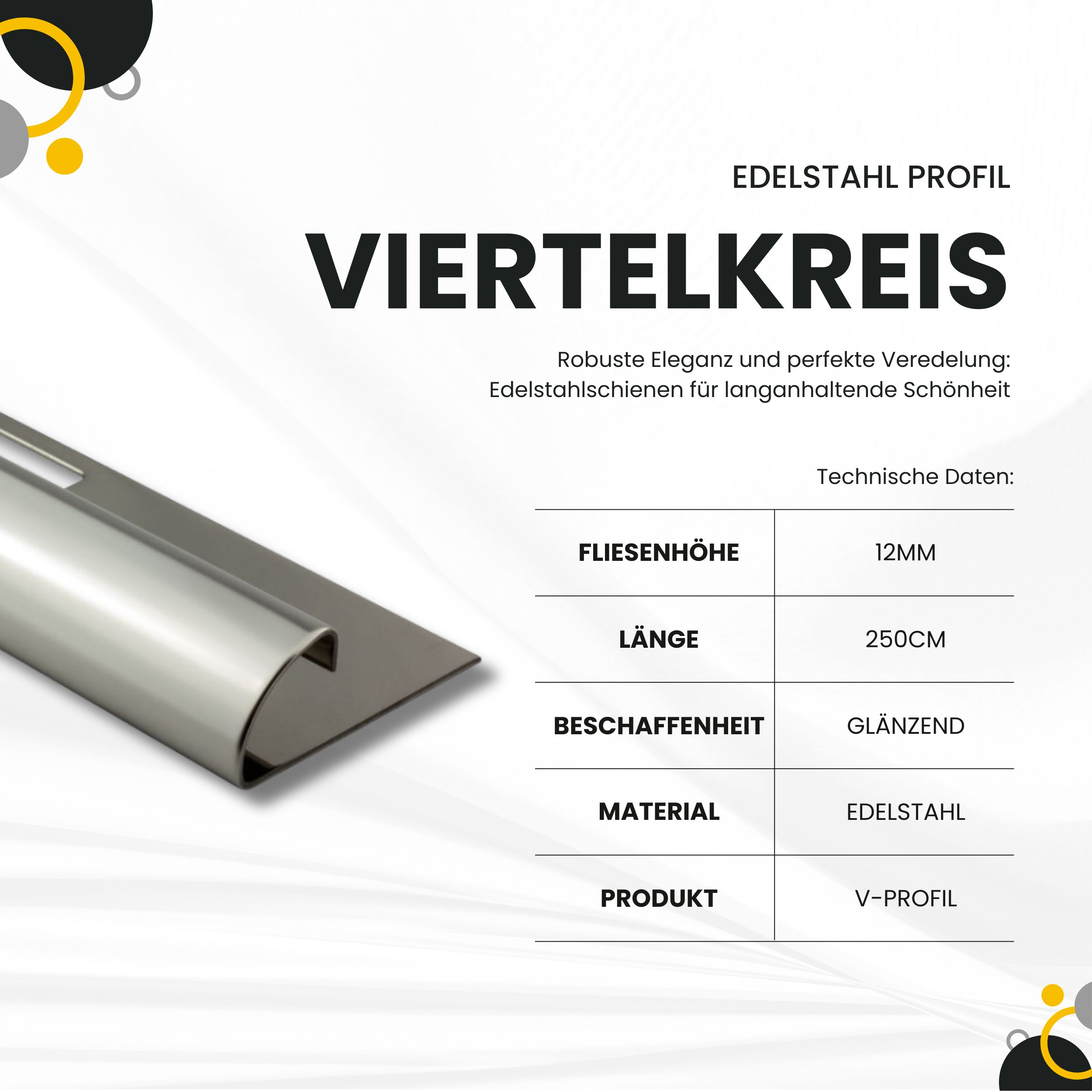 Viertelkreis Edelstahlschiene Profil Fliesenschiene Edelstahl V2A L250cm 12mm glänzend