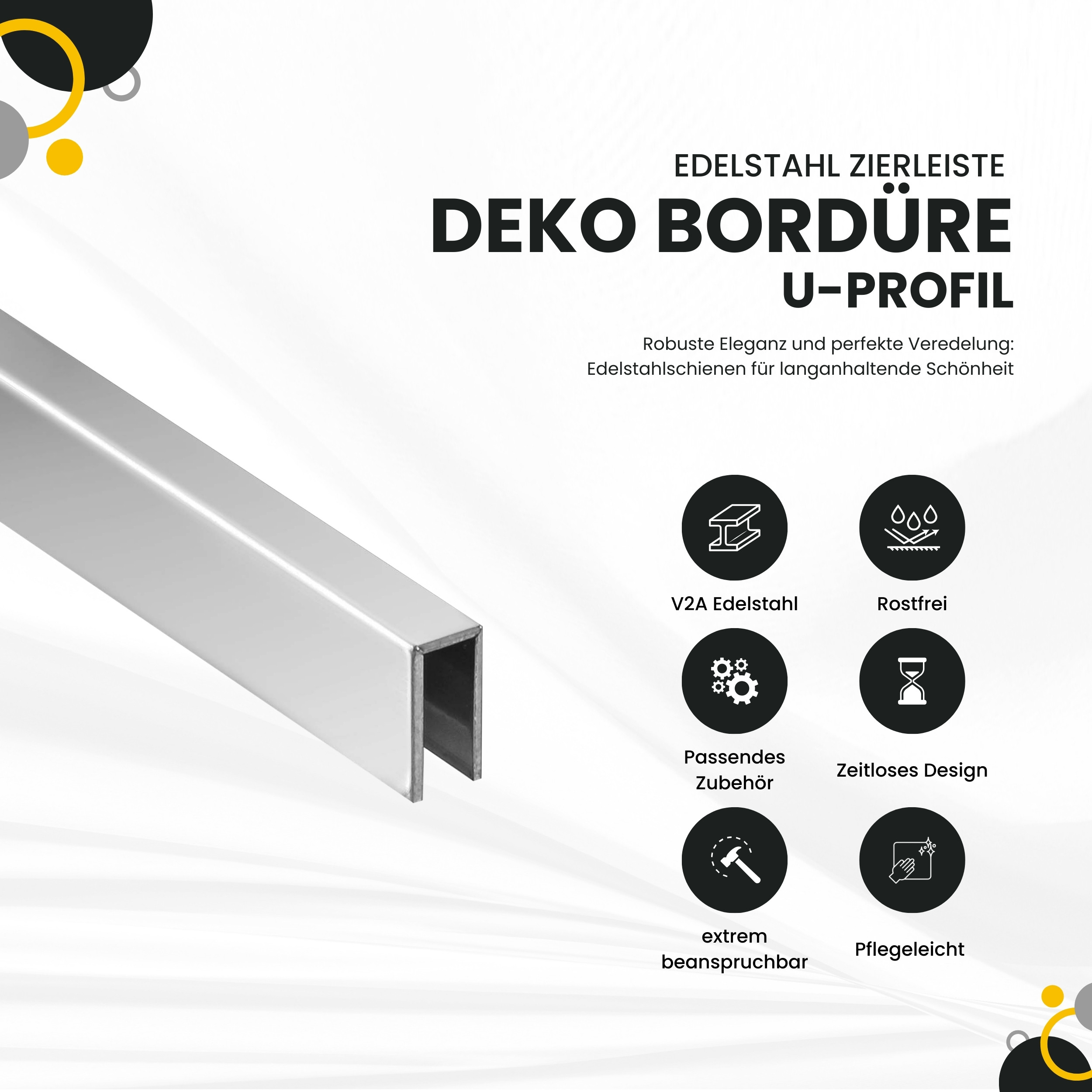 Deko Bordüre U-Profil Zierleiste Fliesenschiene Edelstahl V2A L250cm 3mm silber glänzend