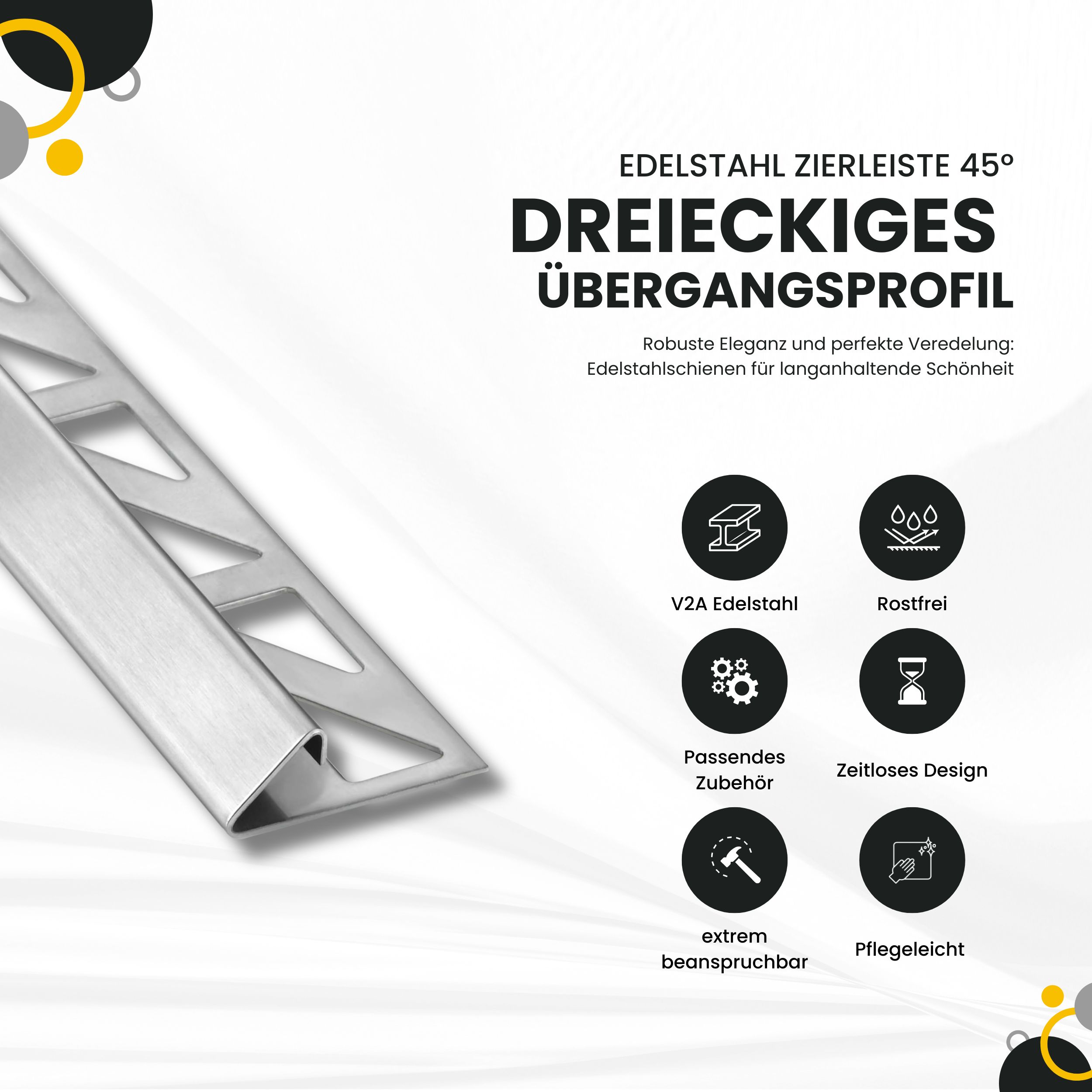 Dreieckiges 45° Übergangsprofil Edelstahl Fliesenprofil V2A L250cm H10mm Profil