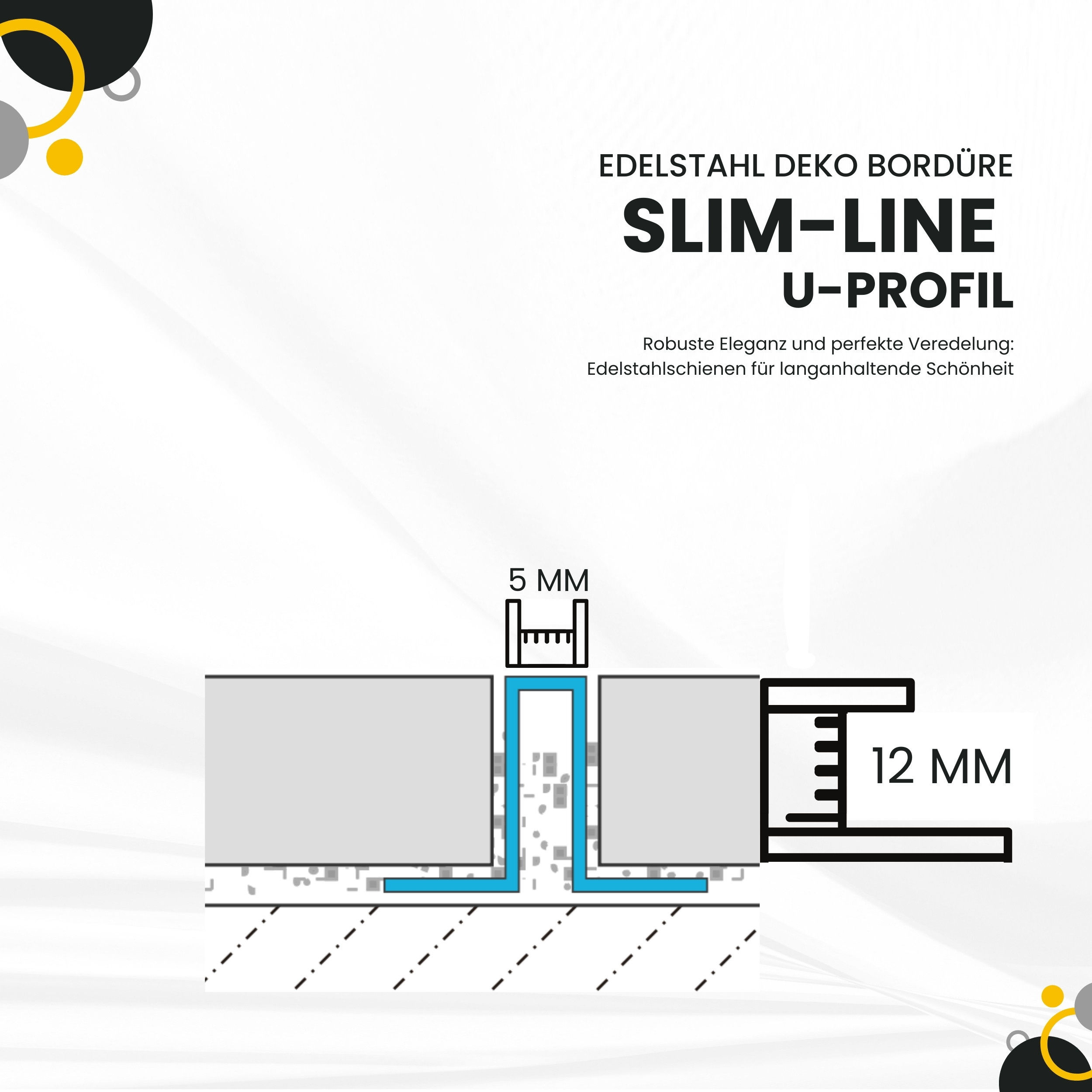 Slim-Line U-Profil Bordüre mit Schenkel Fliesenschiene Edelstahl V2A L250cm H12 glänzend