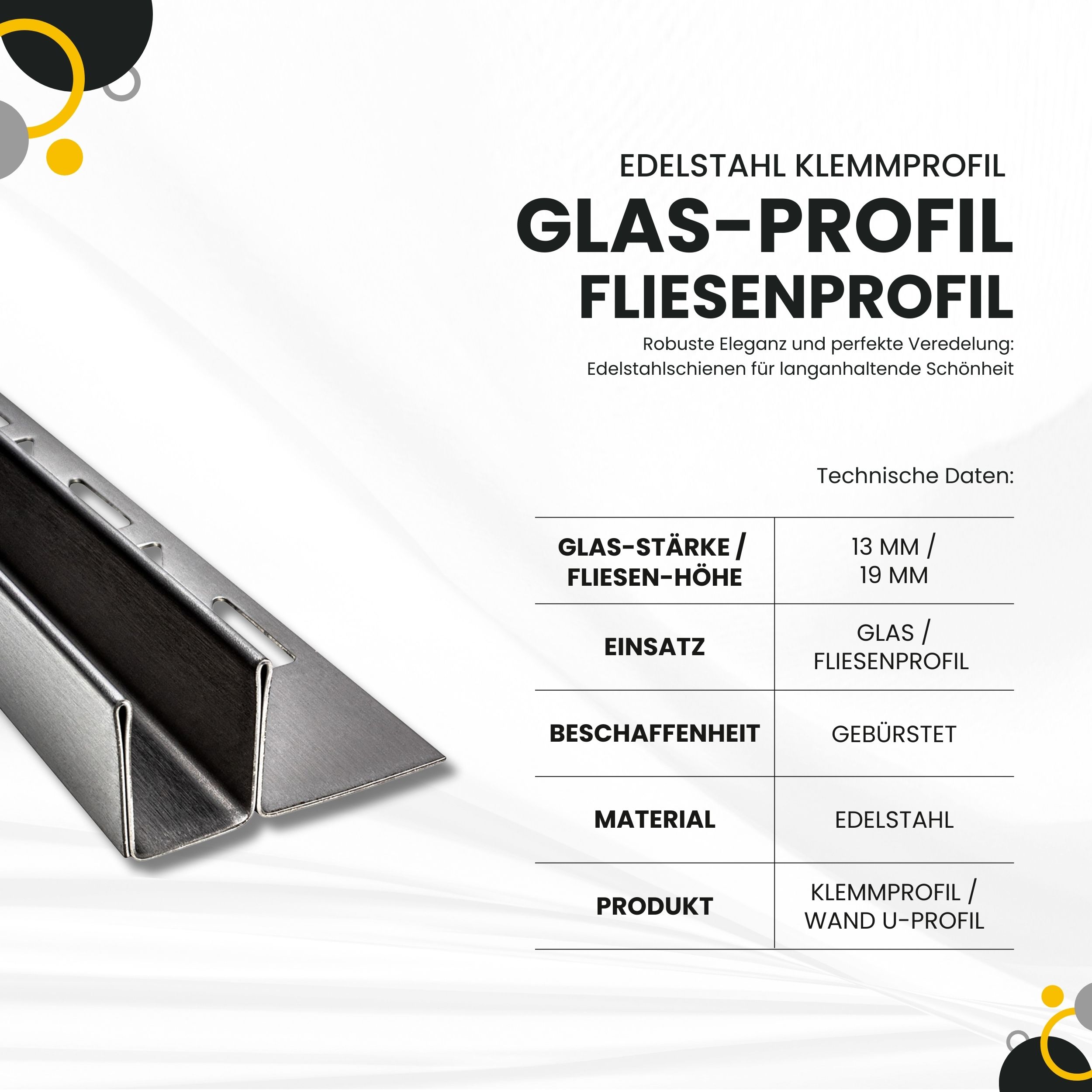 Glas-Fliesenprofil Edelstahl Klemmprofil Wandprofil V2A 2m H19mm 13mm-Glas gebürstet