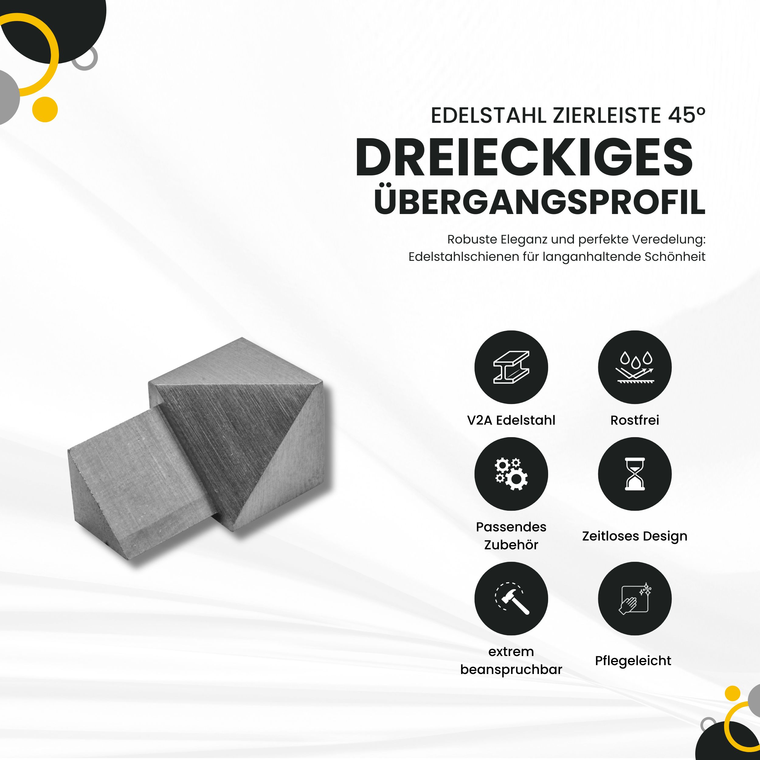 Dreieckiges 45° Übergangsprofil Edelstahl Fliesenprofil V2A L250cm H10mm Inneneck
