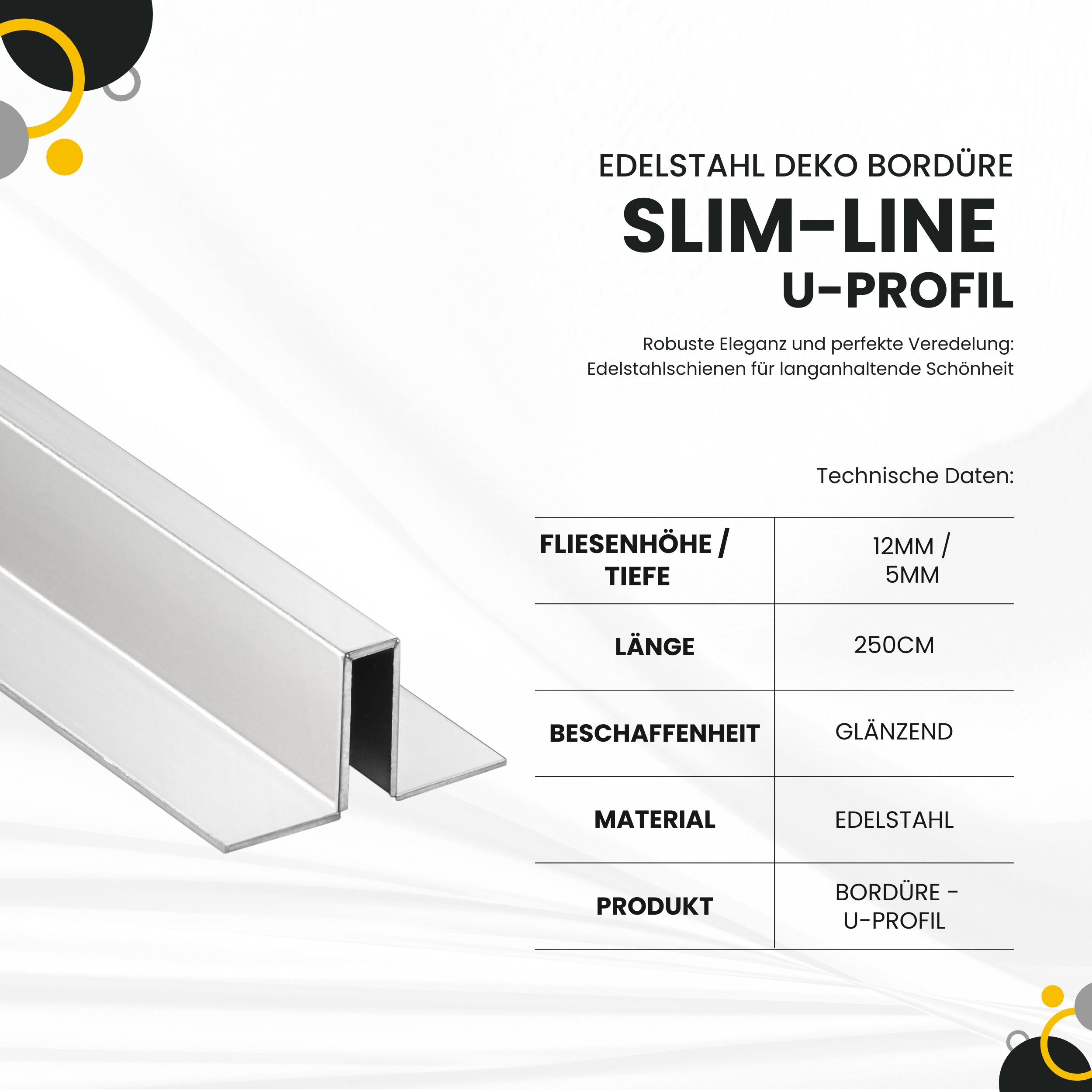 Slim-Line U-Profil Bordüre mit Schenkel Fliesenschiene Edelstahl V2A L250cm H12 glänzend Slim-Line U-Profil Bordüre mit Schenkel Fliesenschiene Edelstahl V2A L250cm H12 glänzend