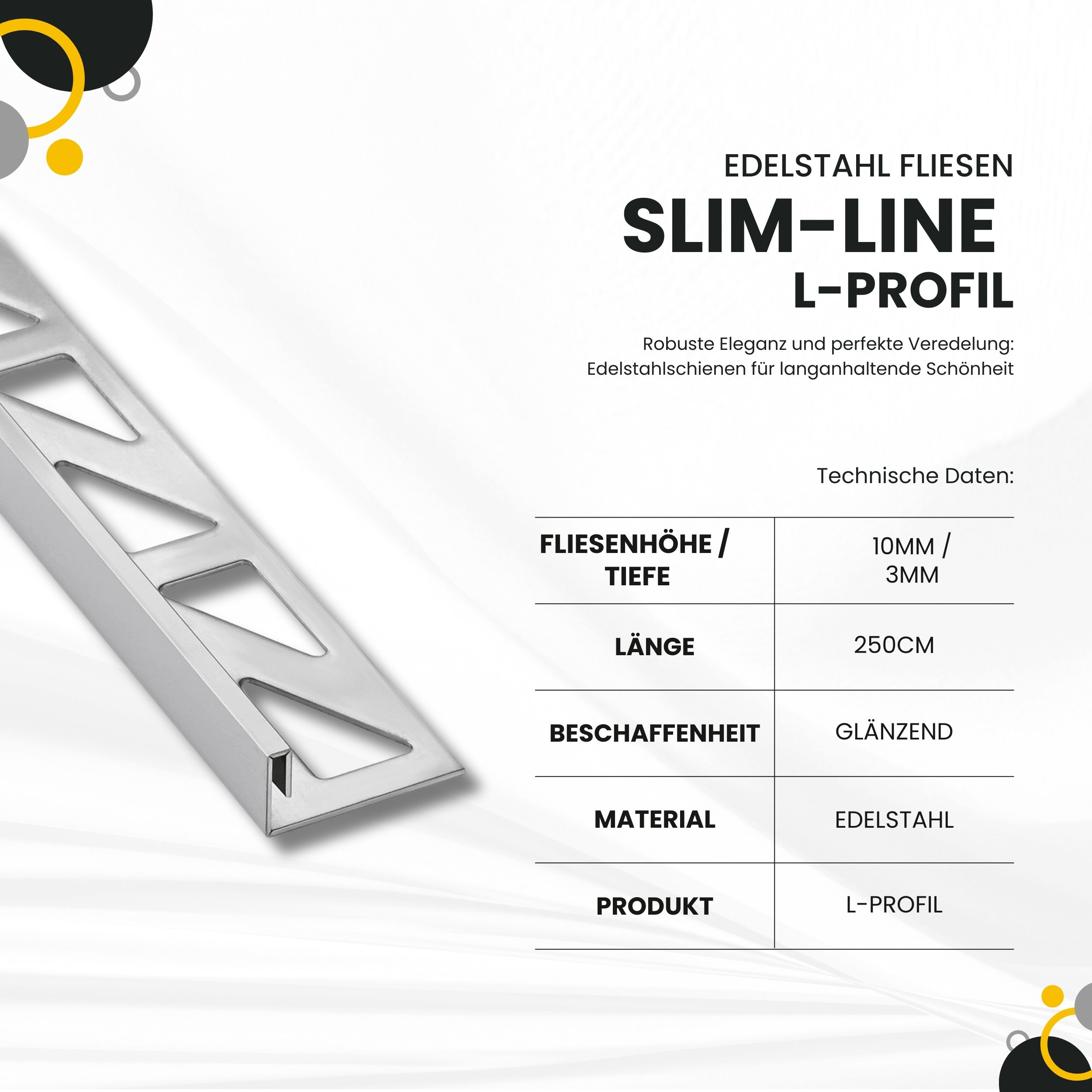 Slim-Line Edelstahl L-Profil Fliesenschiene V2A L250cm H10mm silber glänzend
