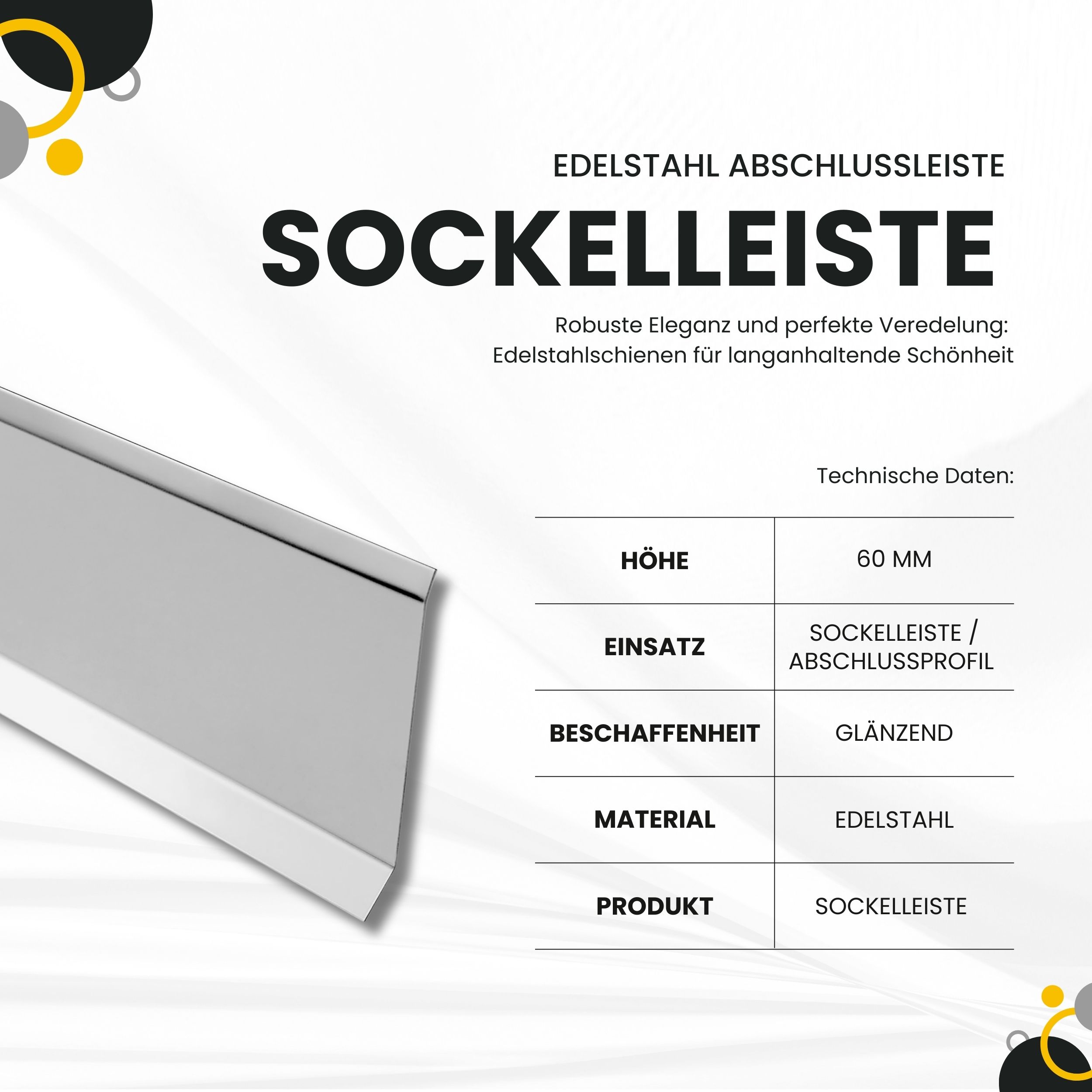 Sockelleiste Edelstahl Fußbodenleisten V2A L250cm 60mm glänzend Sockelleiste Edelstahl Fußbodenleisten V2A L250cm 60mm glänzend