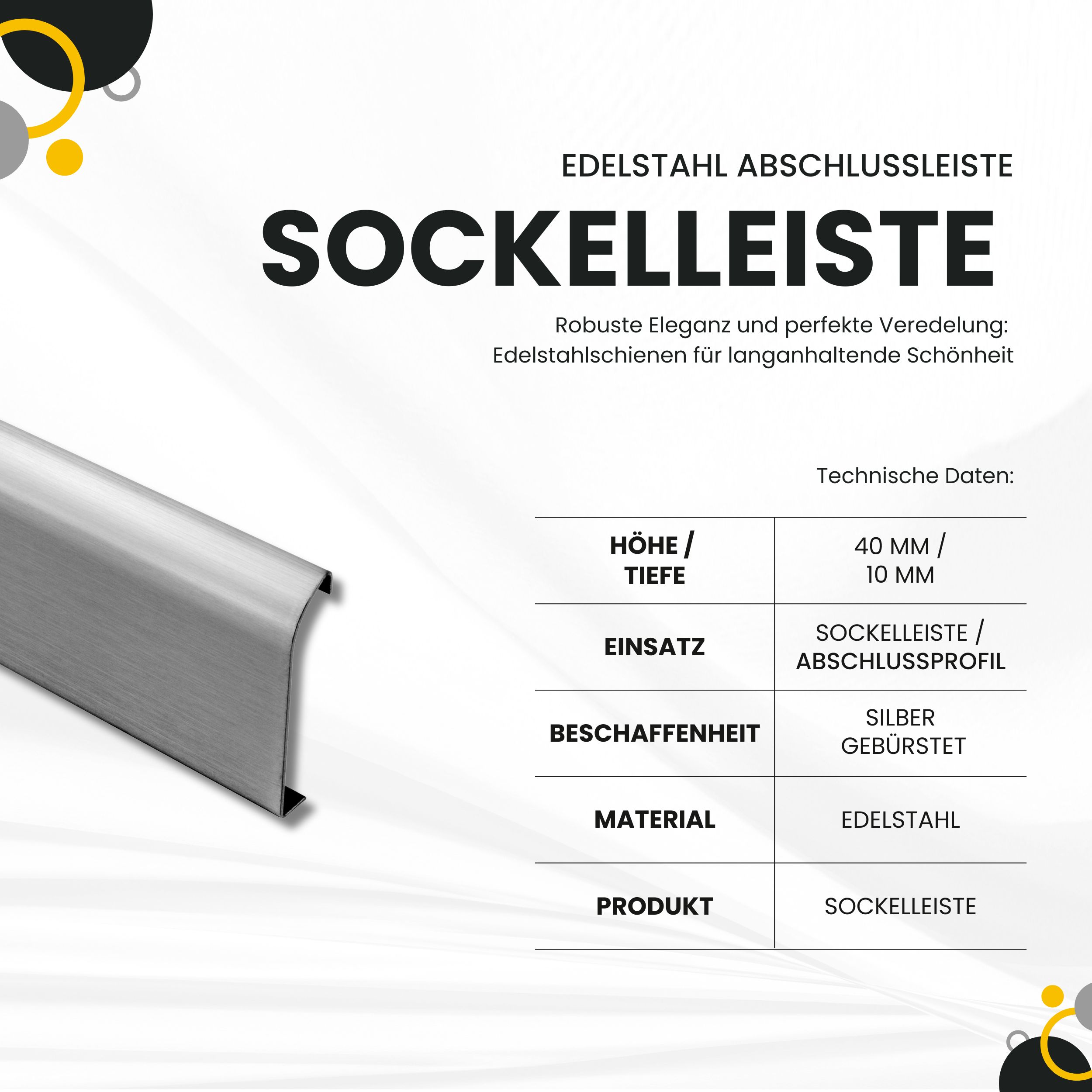 Sockelleiste Edelstahl Fußbodenleisten V2A L250cm 40mm silber gebürstet Profil 2,5m Sockelleiste Edelstahl Fußbodenleisten V2A L250cm 40mm silber gebürstet Profil 2,5m