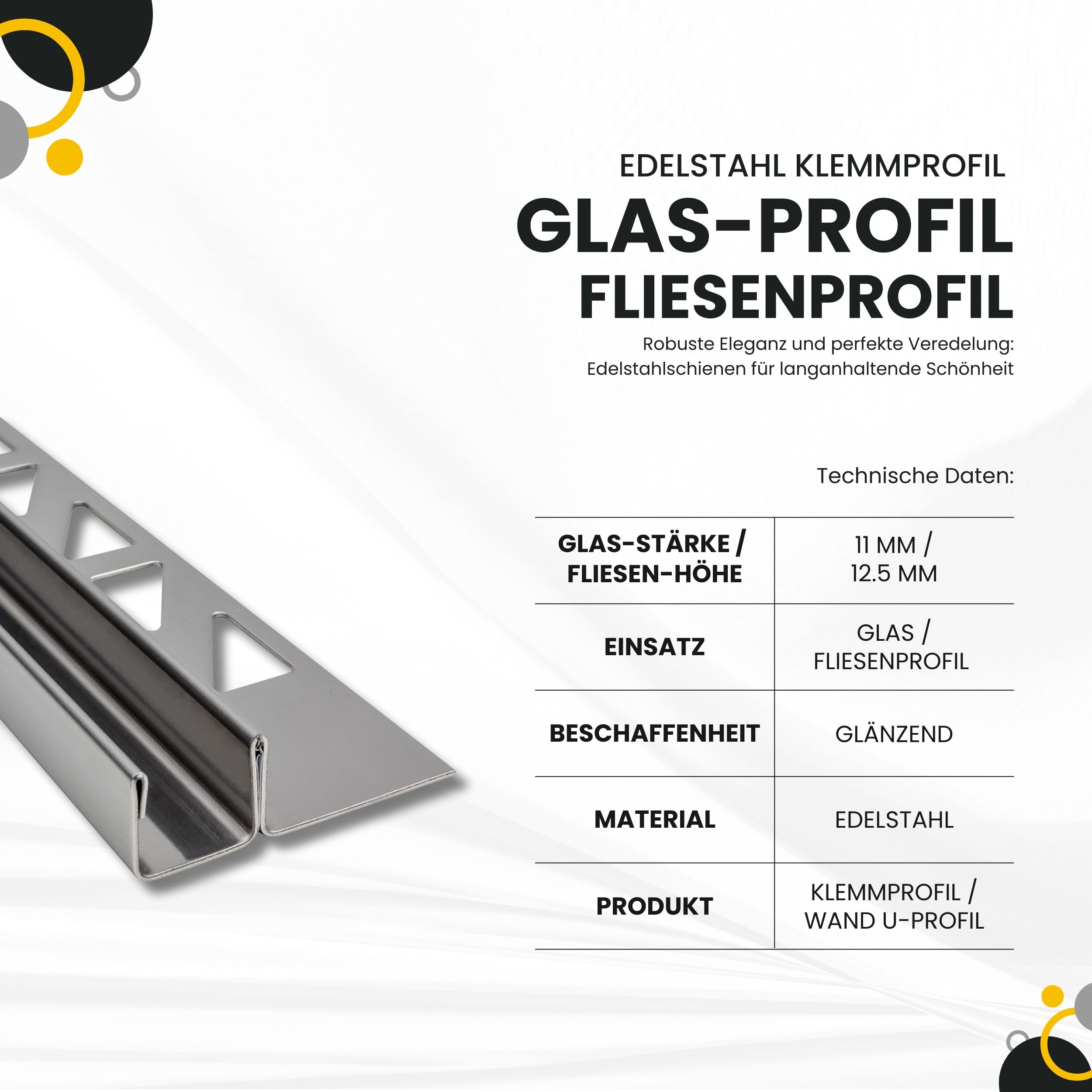 Glas-Fliesenprofil Edelstahl Klemmprofil Wandprofil V2A 2m H12.5mm 11mm-Glas glänzend Glas-Fliesenprofil Edelstahl Klemmprofil Wandprofil V2A 2m H12.5mm 11mm-Glas glänzend