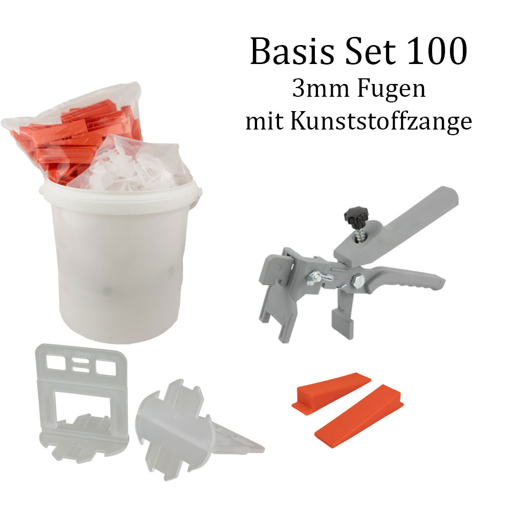 Nivelliersystem 3 mm Basis-Set 100 Laschen u. 100 Keile + Kunststoffzange Nivelliersystem 3 mm Basis-Set 100 Laschen u. 100 Keile + Kunststoffzange