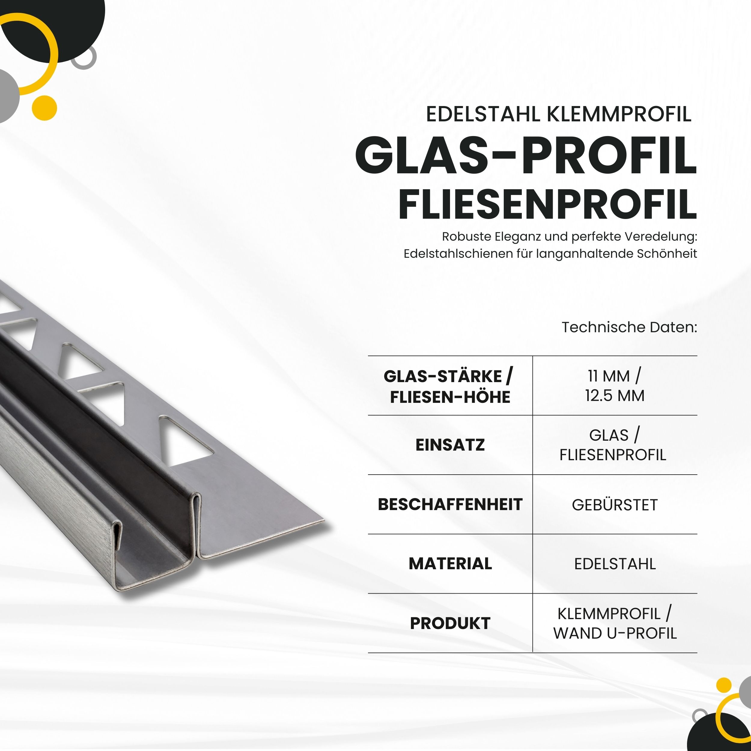 Glas-Fliesenprofil Edelstahl Klemmprofil Wandprofil V2A 2m H12.5mm 11mm-Glas gebürstet Glas-Fliesenprofil Edelstahl Klemmprofil Wandprofil V2A 2m H12.5mm 11mm-Glas gebürstet