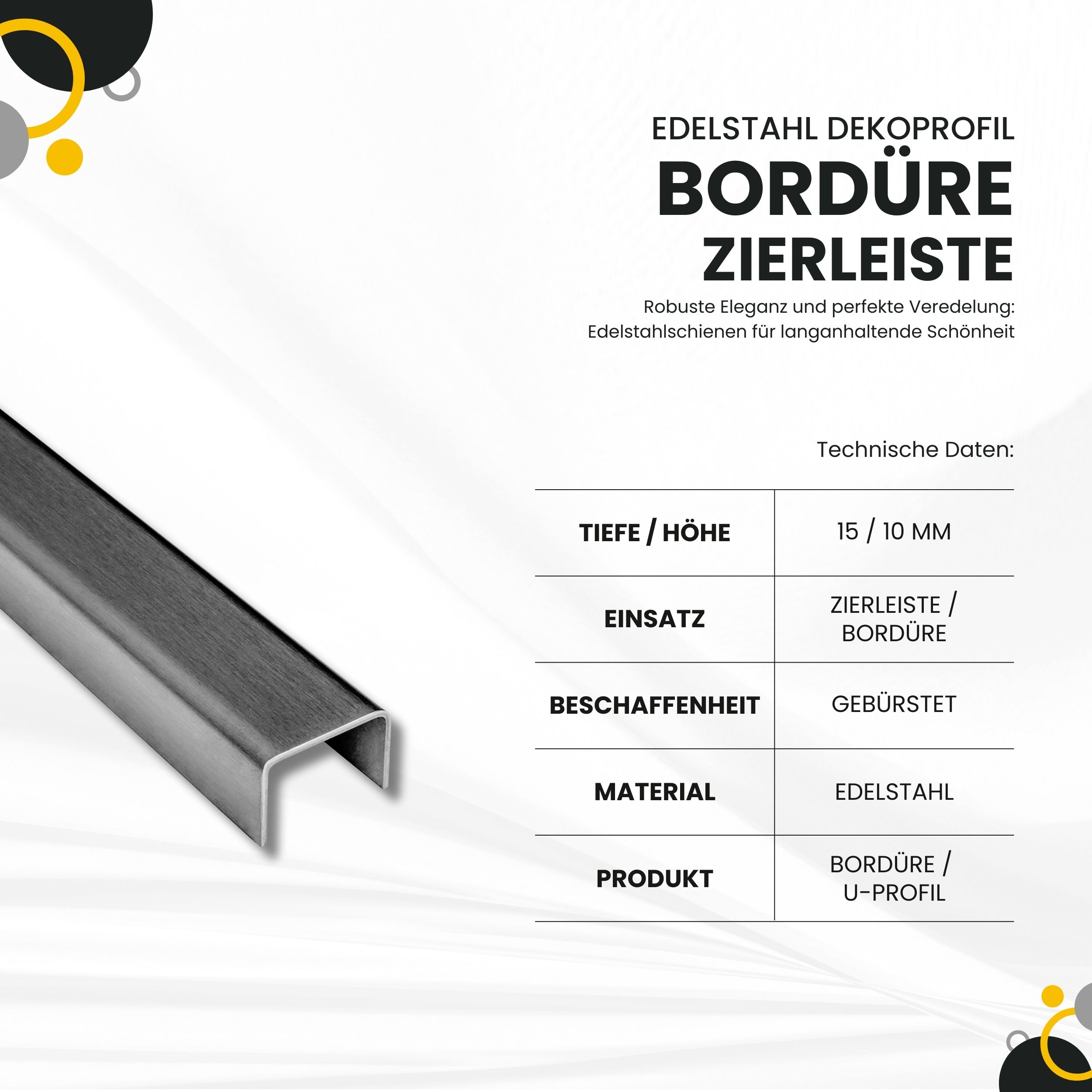 U Profil Edelstahlschiene Bordüre Fliesenschiene Edelstahl V2A L250cm H15mm gebürstet