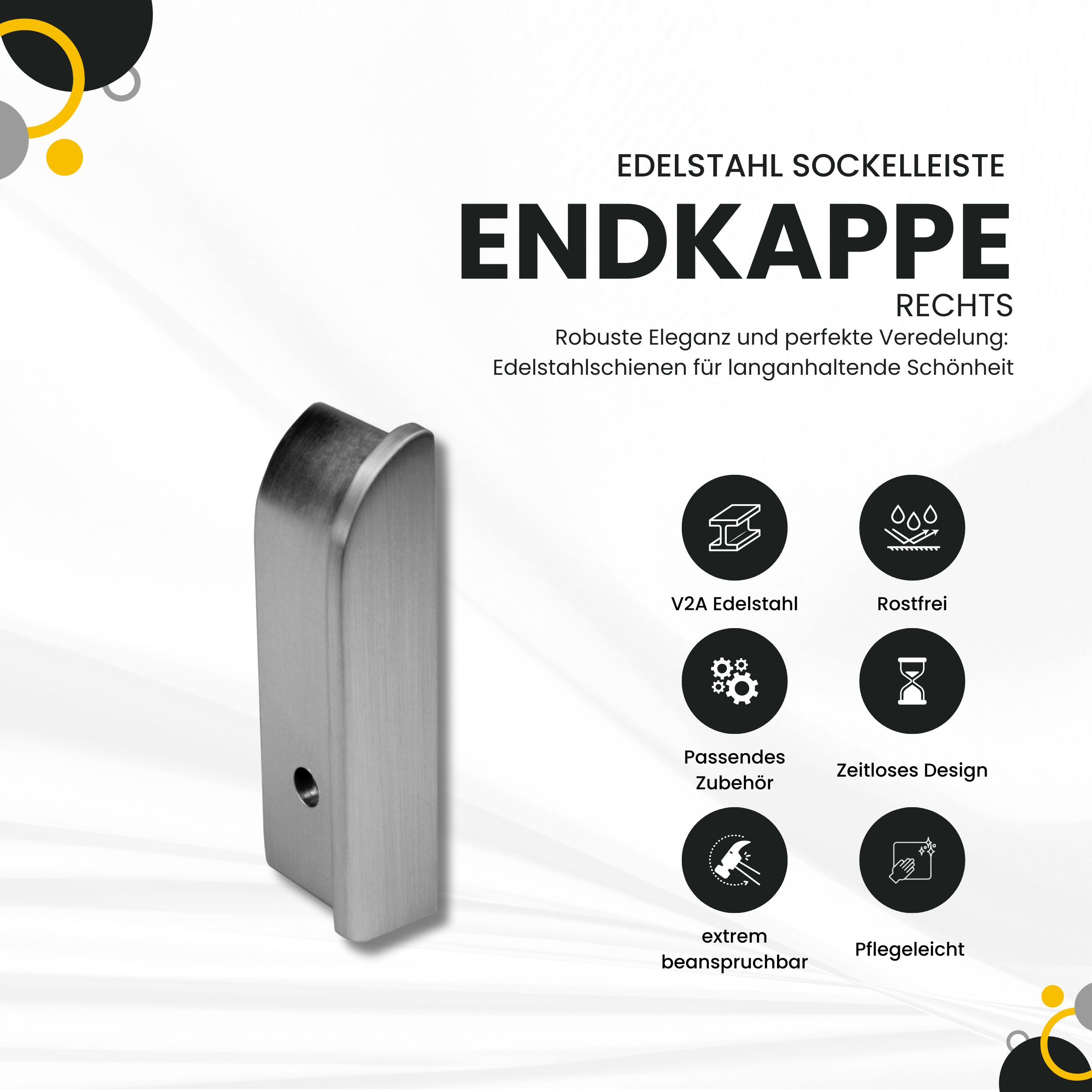 Sockelleiste Edelstahl Fußbodenleisten V2A L250cm 40mm silber gebürstet Endkappe rechts