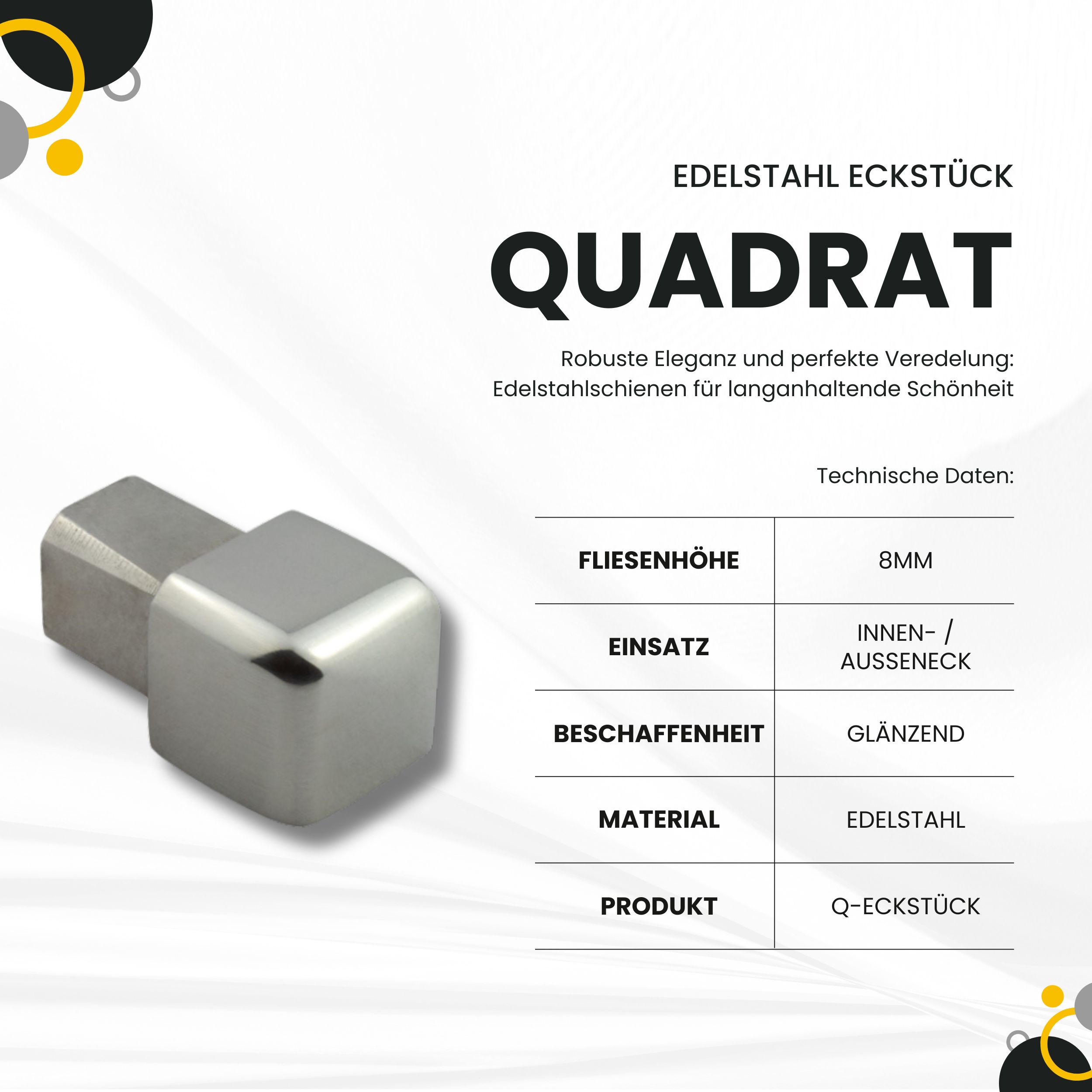 Quadrat Ausseneck Edelstahl V2A 8mm glänzend Quadrat Ausseneck Edelstahl V2A 8mm glänzend