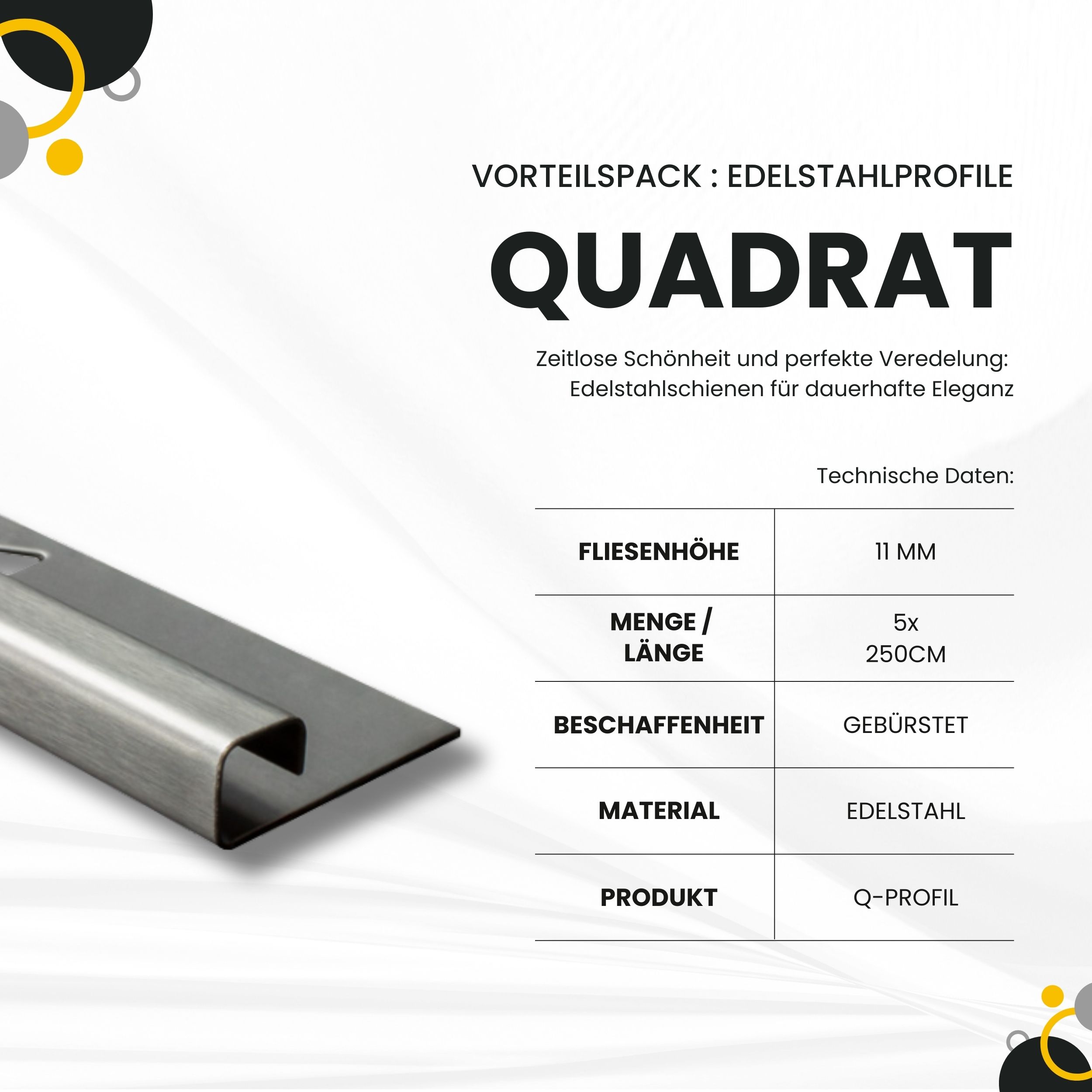 5x Quadrat-Profil Edelstahlschiene Fliesenprofil Fliesenschiene L250cm 11mm gebürstet 5x Quadrat-Profil Edelstahlschiene Fliesenprofil Fliesenschiene L250cm 11mm gebürstet
