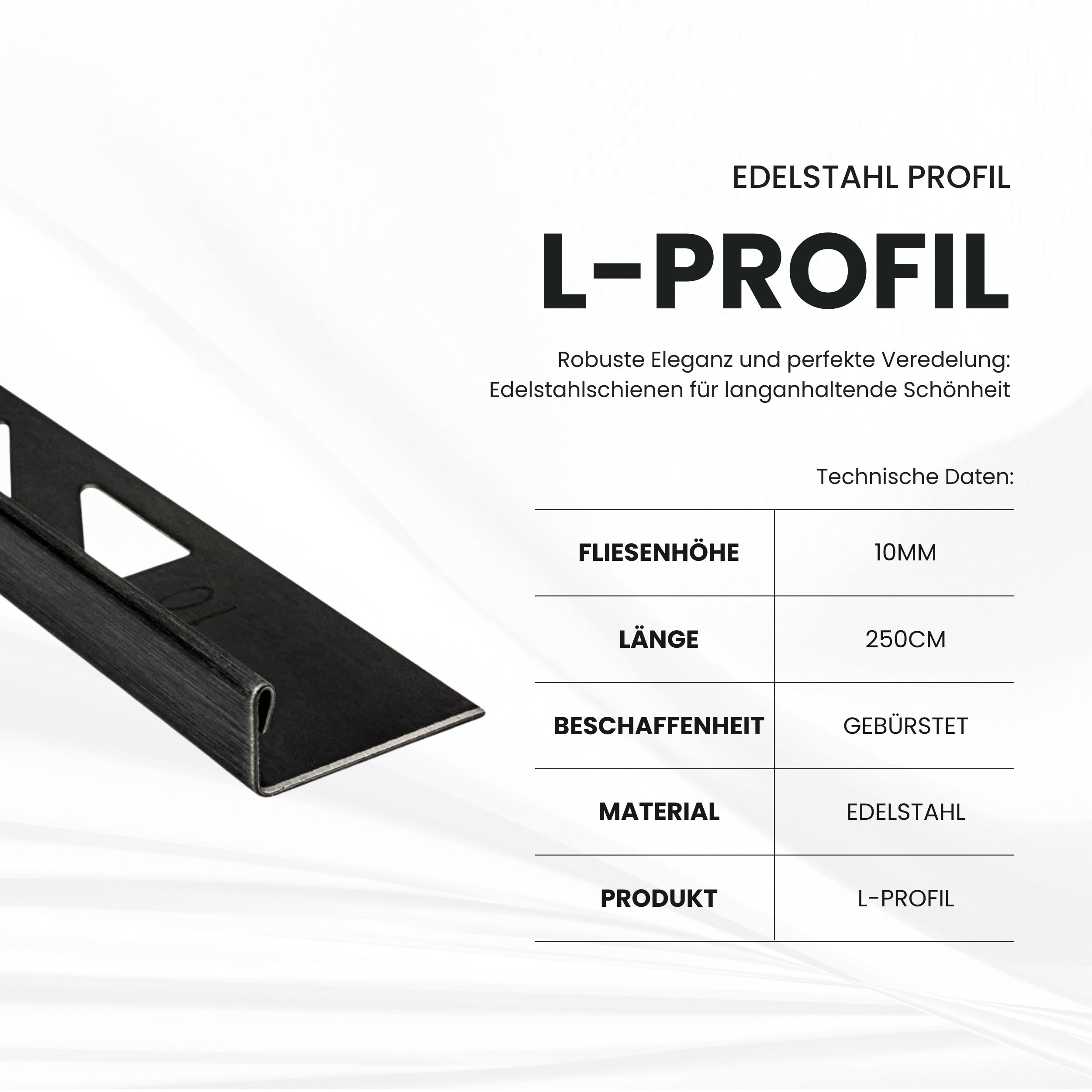 L-Profil Edelstahlschiene Fliesenprofil V2A L250cm 10mm schwarz anthrazit gebürstet