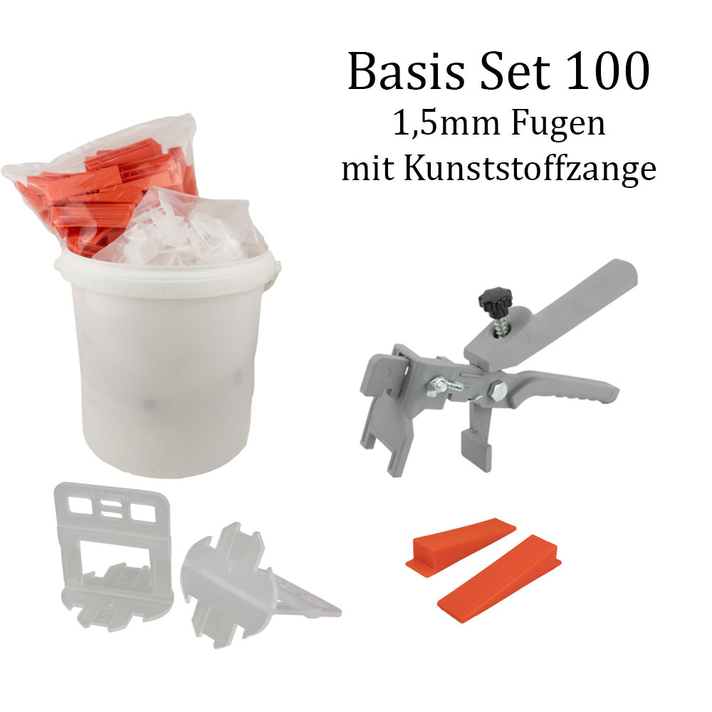 Nivelliersystem 1,5 mm Basis-Set 100 Laschen u. 100 Keile + Kunststoffzange Nivelliersystem 1,5 mm Basis-Set 100 Laschen u. 100 Keile + Kunststoffzange