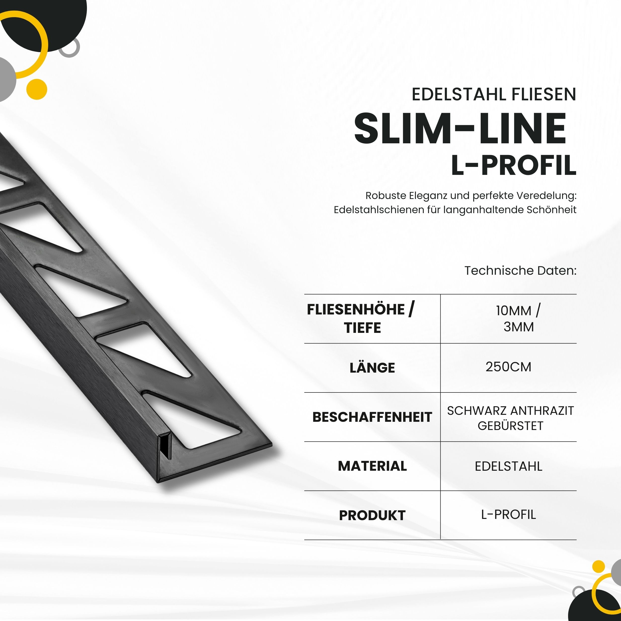Slim-Line Edelstahl L-Profil Fliesenschiene V2A L250cm H10mm schwarz anthrazit gebürstet Slim-Line Edelstahl L-Profil Fliesenschiene V2A L250cm H10mm schwarz anthrazit gebürstet