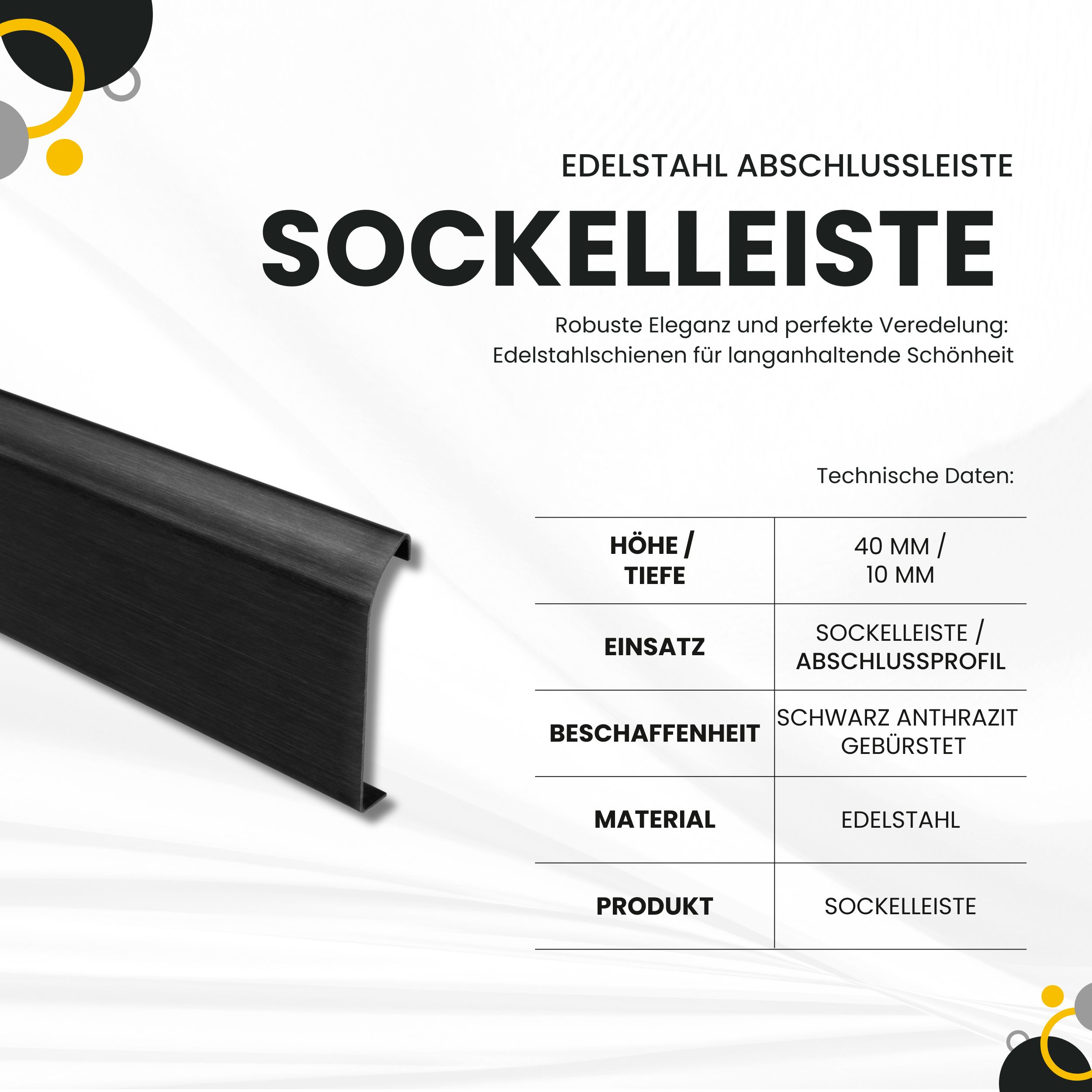 Sockelleiste Edelstahl Fußbodenleisten V2A L250cm 40mm schwarz anthrazit gebürstet Profil 2,5m