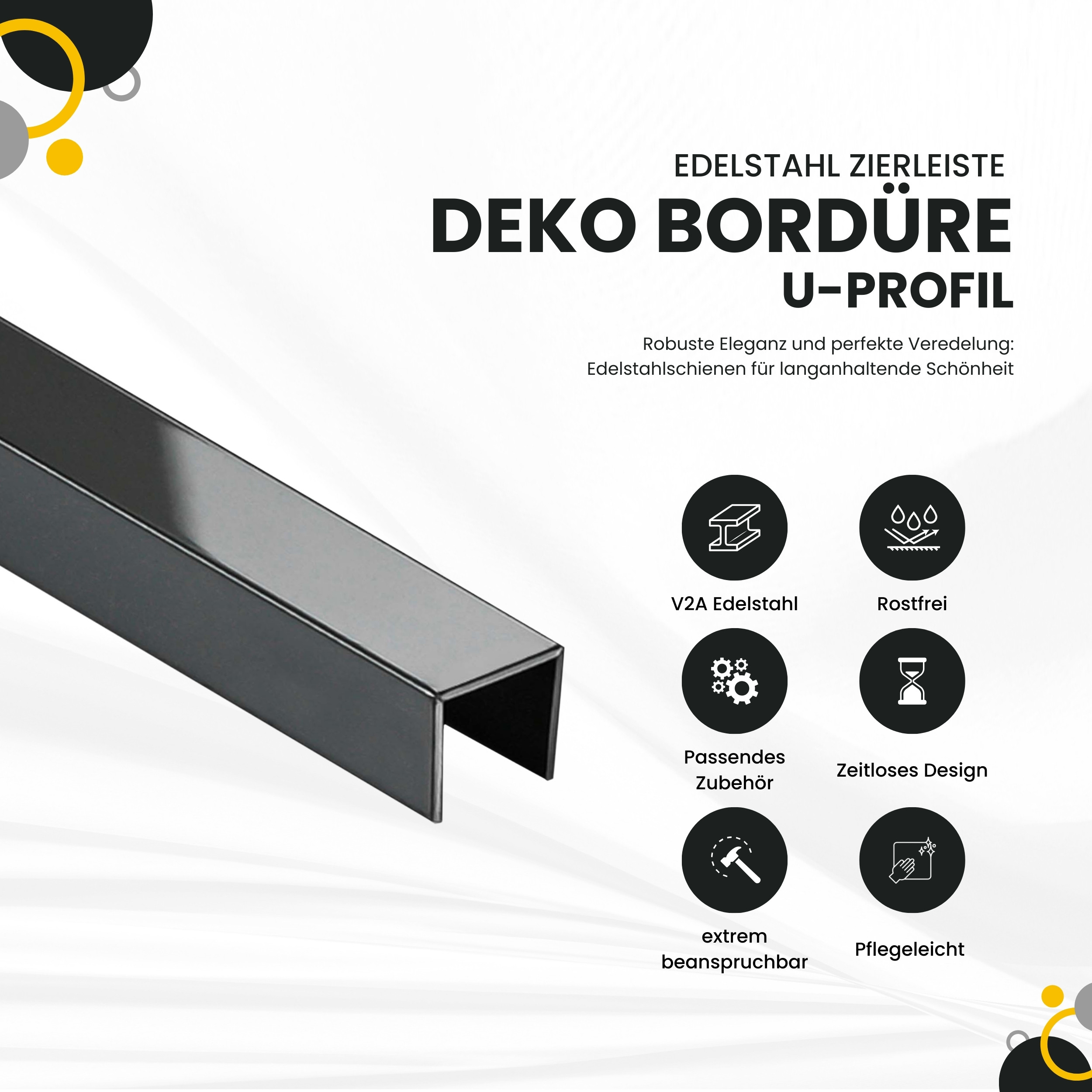 Deko Bordüre U-Profil Zierleiste Fliesenschiene Edelstahl V2A L250cm 10mm schwarz glänzend