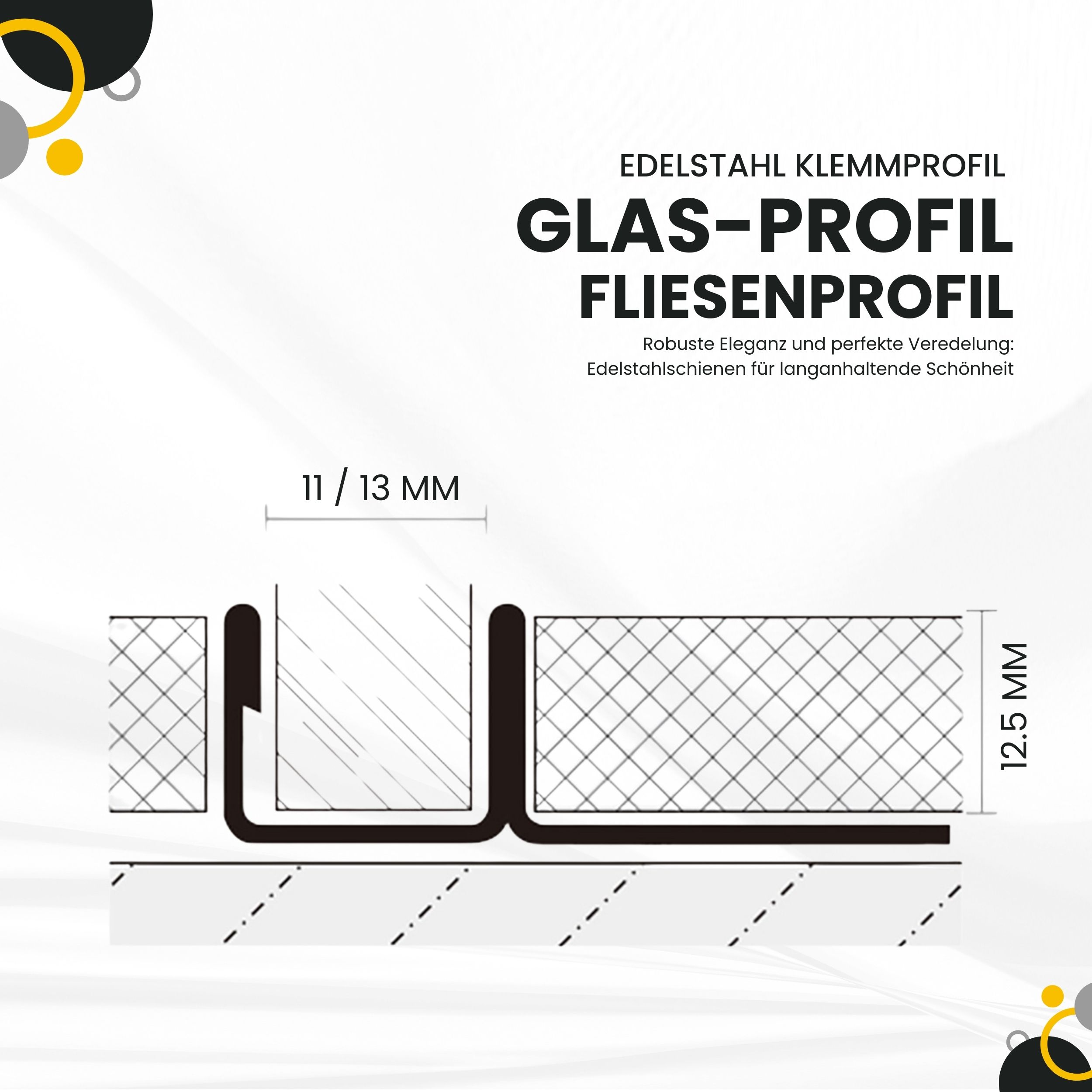 Glas-Fliesenprofil Edelstahl Klemmprofil Wandprofil V2A 2m H12.5mm 11mm-Glas gebürstet Glas-Fliesenprofil Edelstahl Klemmprofil Wandprofil V2A 2m H12.5mm 13mm-Glas glänzend