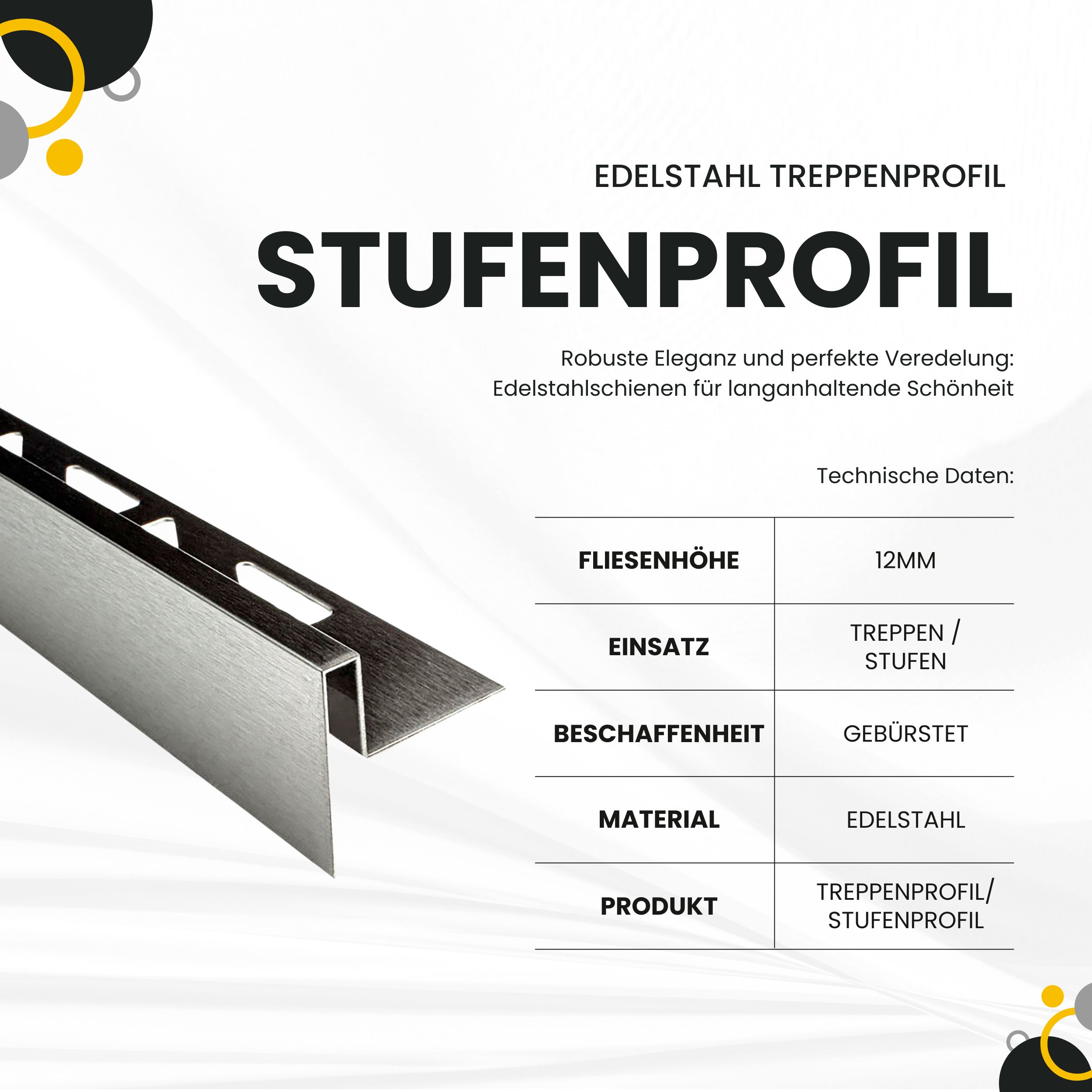 Edelstahl Stufenprofil Treppenprofil Fliesenleiste Treppen V2A L2,5m H12mm gebürstet