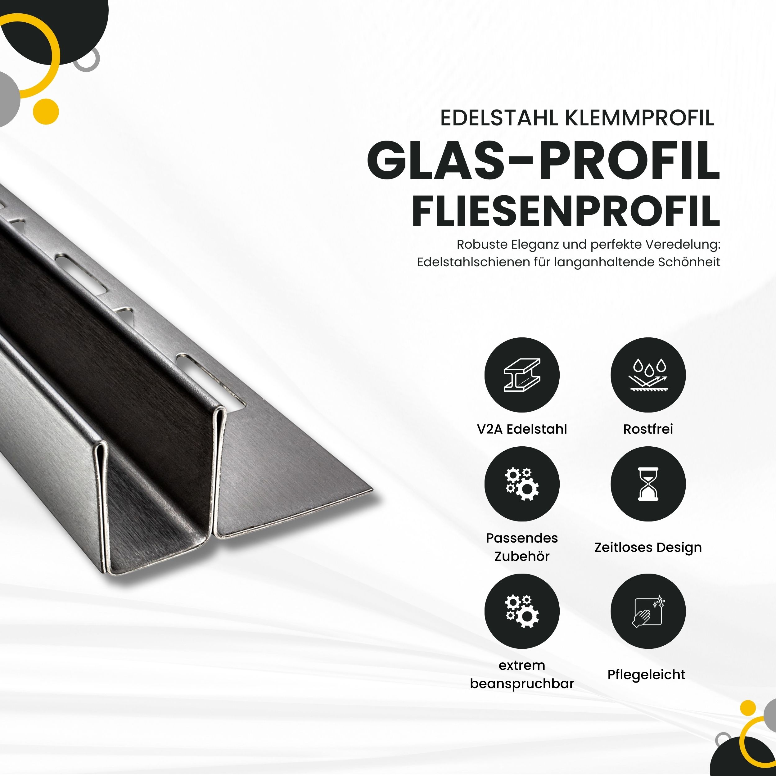 Glas-Fliesenprofil Edelstahl Klemmprofil Wandprofil V2A 2m H19mm 13mm-Glas gebürstet