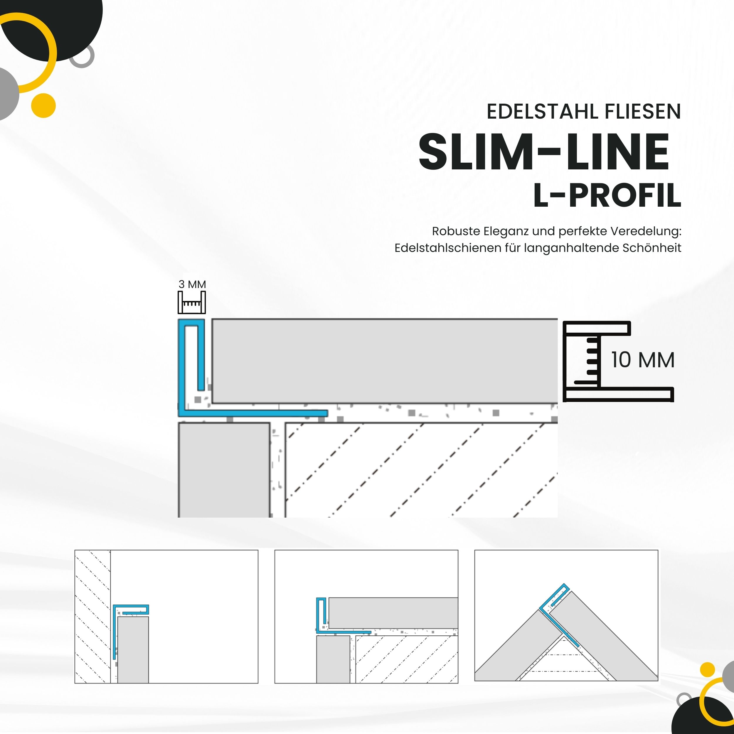 Slim-Line Edelstahl L-Profil Fliesenschiene V2A L250cm H10mm gebürstet glänzend Slim-Line Edelstahl L-Profil Fliesenschiene V2A L250cm H10mm silber glänzend
