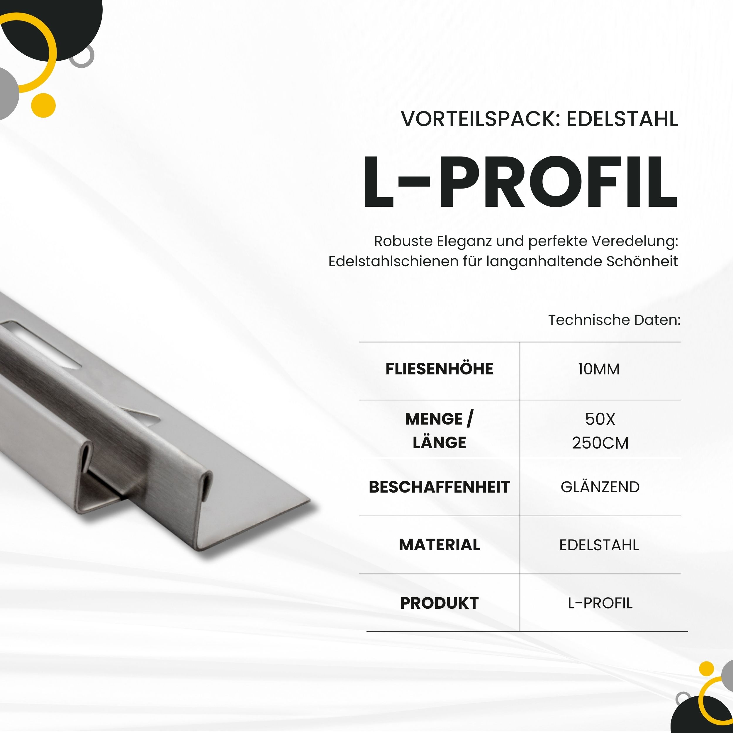 50x L-Profil Edelstahlschiene Fliesenschiene Fliesenprofil L250cm 10mm glänzend