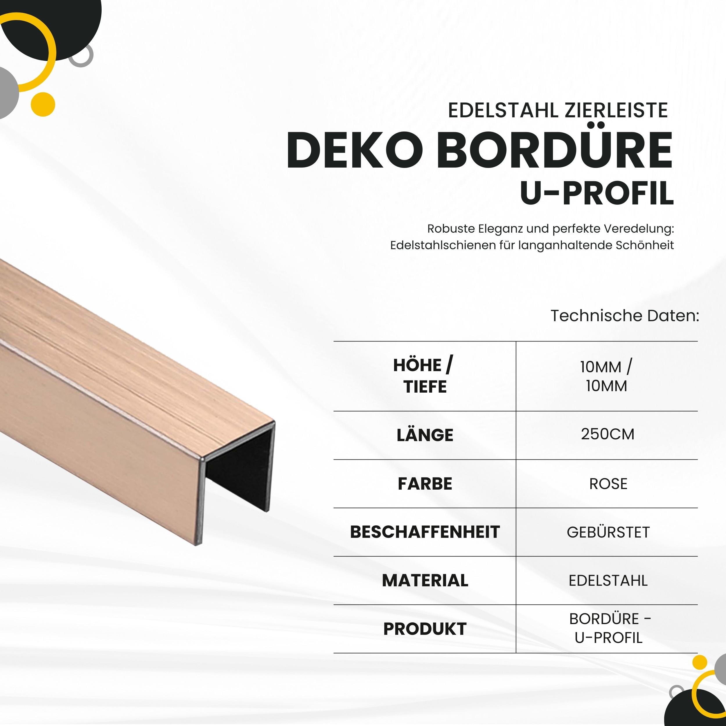 Deko Bordüre U-Profil Zierleiste Fliesenschiene Edelstahl V2A L250cm 10mm rose gebürstet Deko Bordüre U-Profil Zierleiste Fliesenschiene Edelstahl V2A L250cm 10mm rose gebürstet