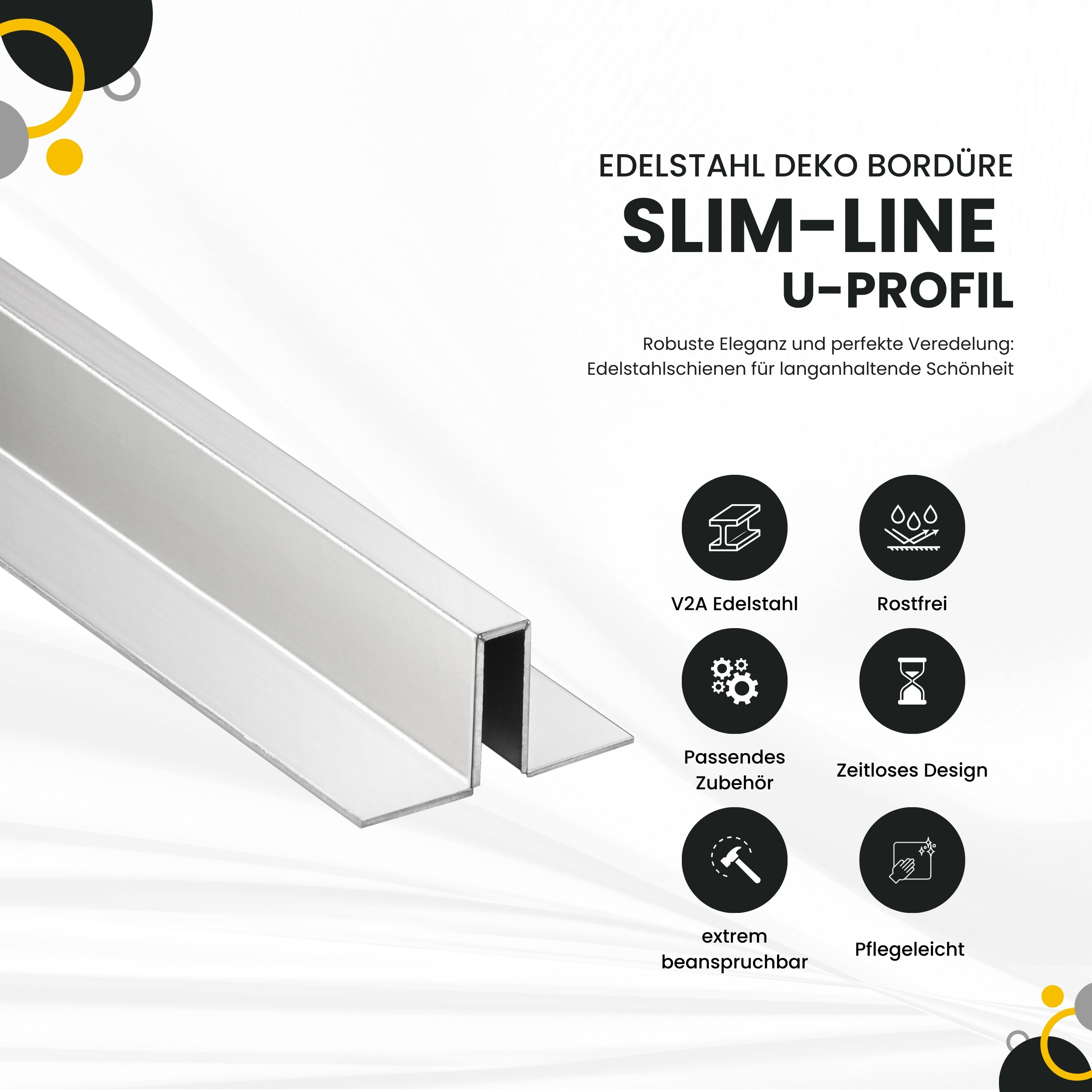 Slim-Line U-Profil Bordüre mit Schenkel Fliesenschiene Edelstahl V2A L250cm H12 glänzend
