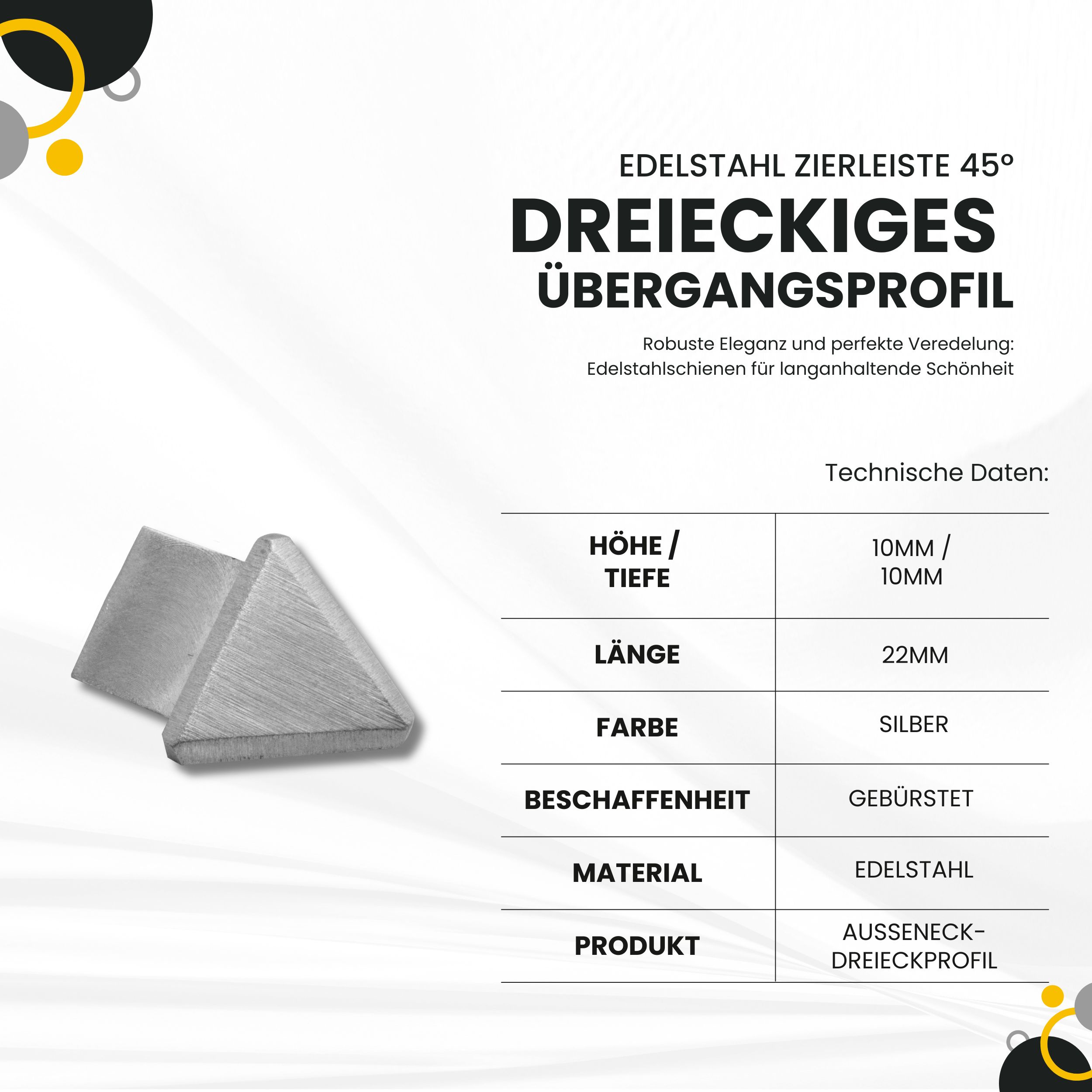 Dreieckiges 45° Übergangsprofil Edelstahl Fliesenprofil V2A L250cm H10mm Aussenck